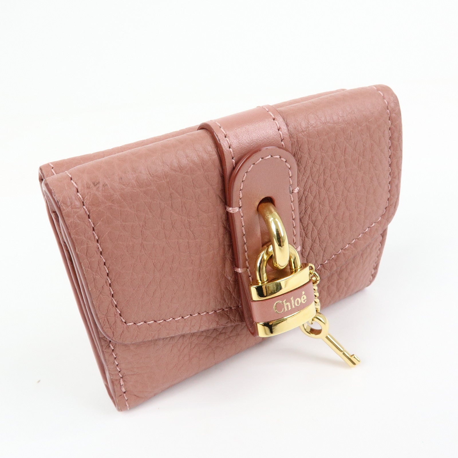 Chloe Aby Lock Leather Compact Trifold Wallet Pink
