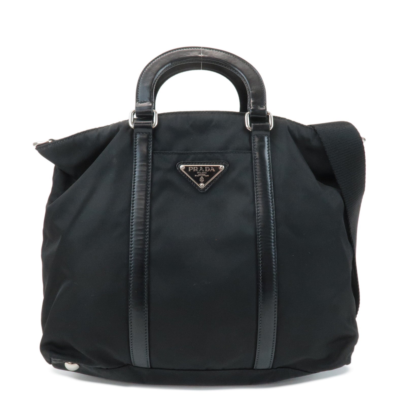 PRADA Triangel Logo Leather Nylon 2Way Bag Tote Bag Black BN1066