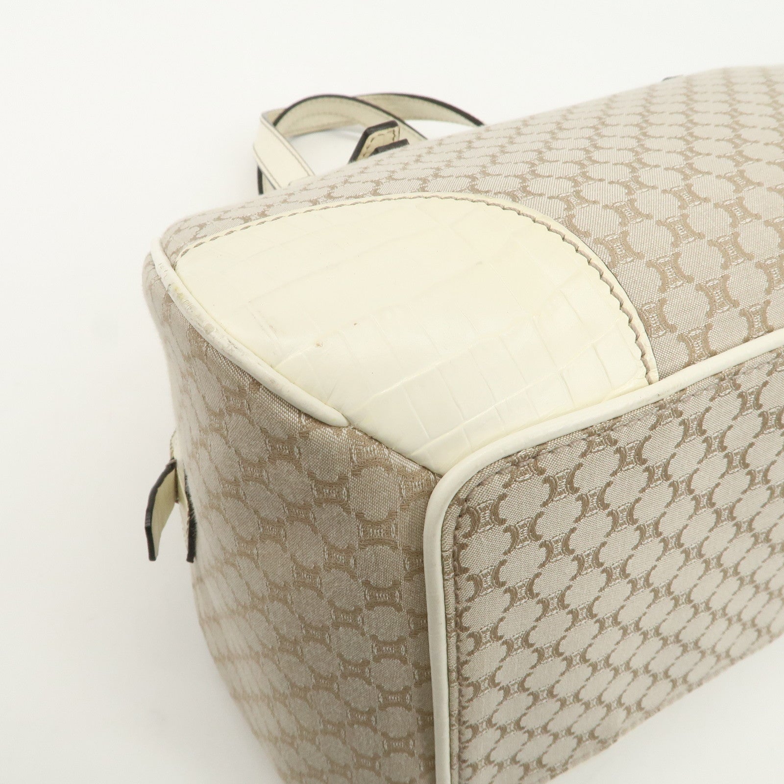 CELINE Macadam Canvas Leather Boston Bag Hand Bag Beige Ivory