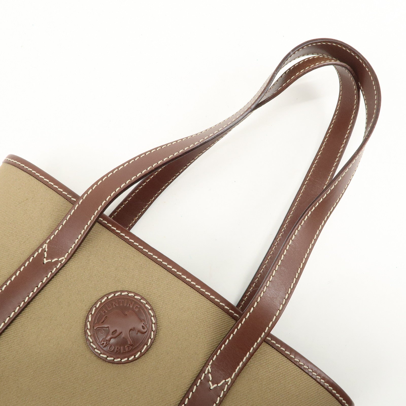 HUNTING WORLD Canvas Leather Tote Bag Hand Bag Khaki Brown