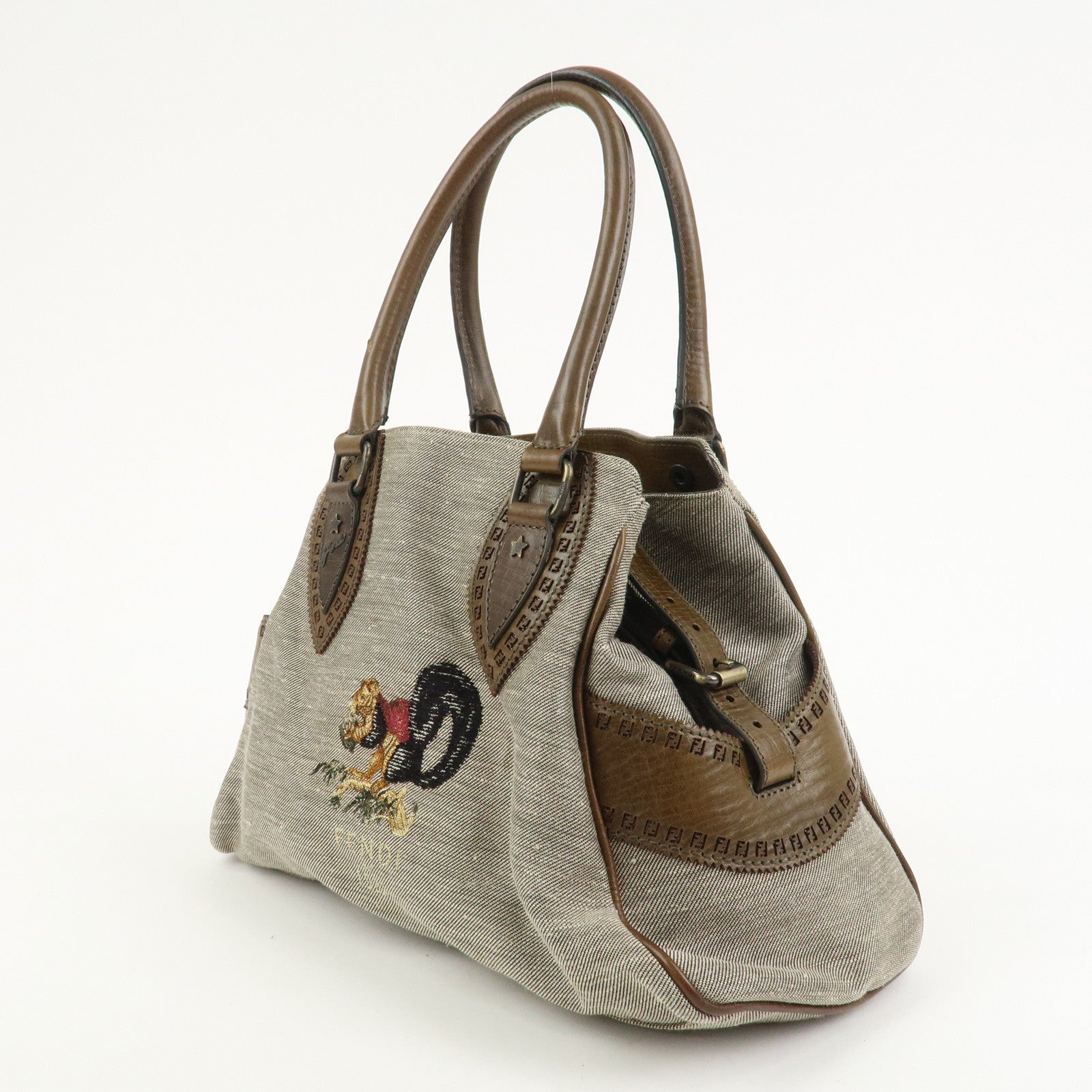 FENDI Etnico Squirrel Embroidery Tote Bag Shoulder Bag Gray 8BN157
