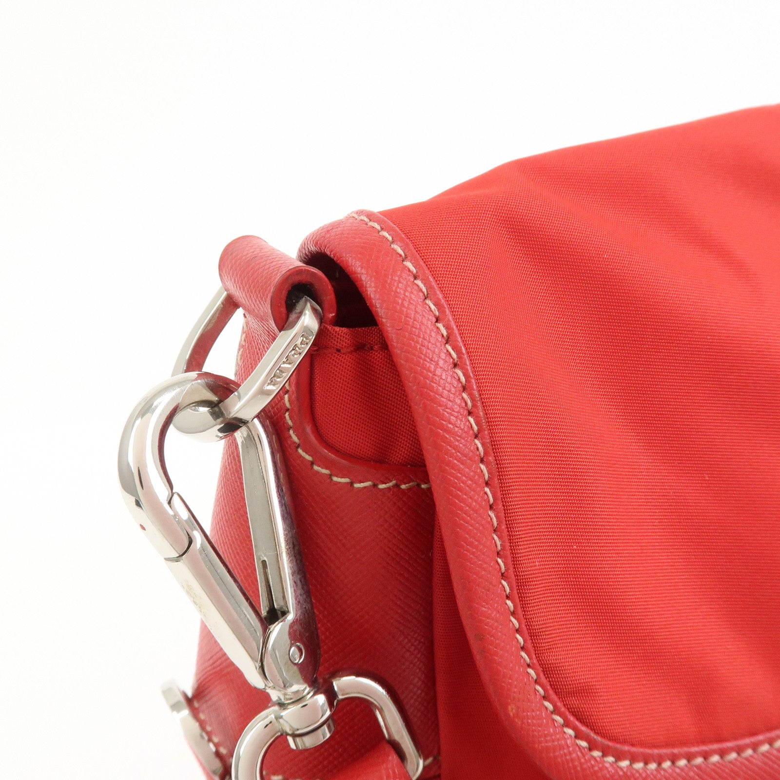 PRADA Triangle Logo Nylon Saffiano Leather Shoulder Bag Red BT0436