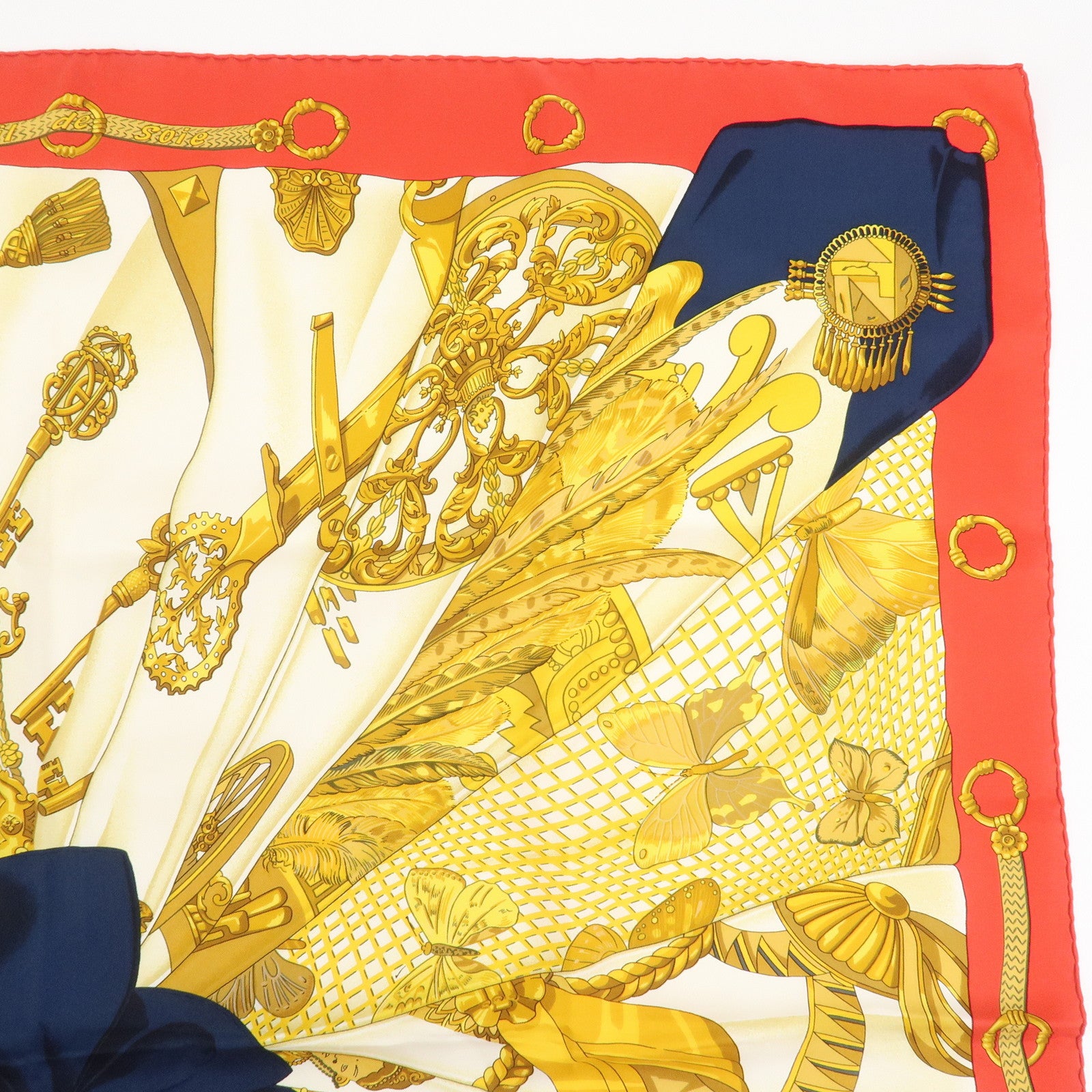 HERMES Carre 90 Silk 100% Scarf Soleil de Soie Gold Red Navy