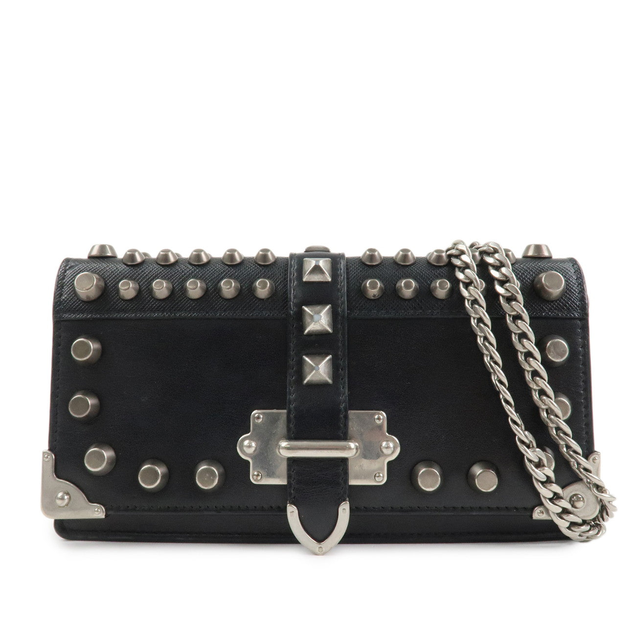 PRADA Leather Studs Chain Wallet Chain Bag Black Used
