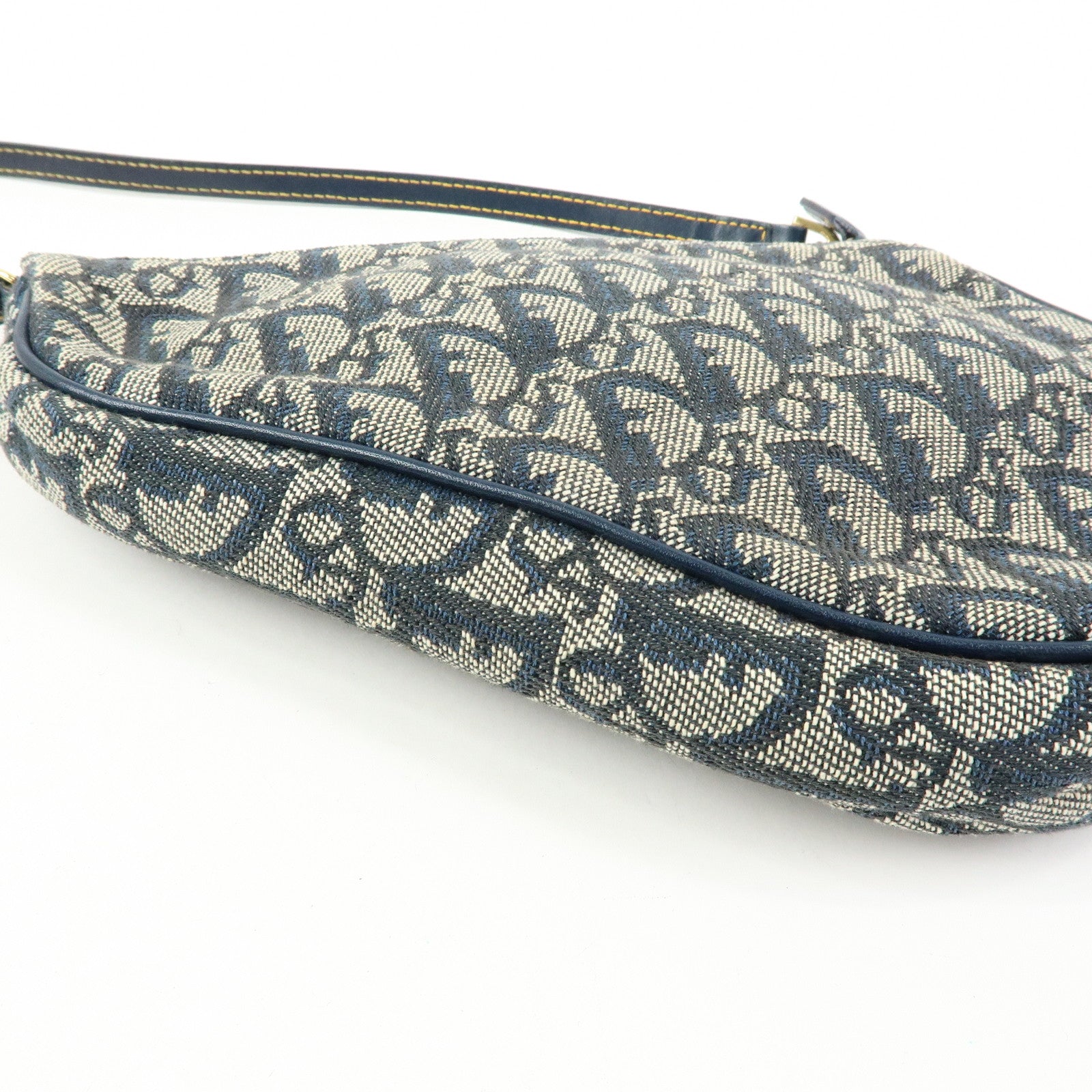 Christian Dior Saddle Oblique Canvas Leather Hand Bag Navy White