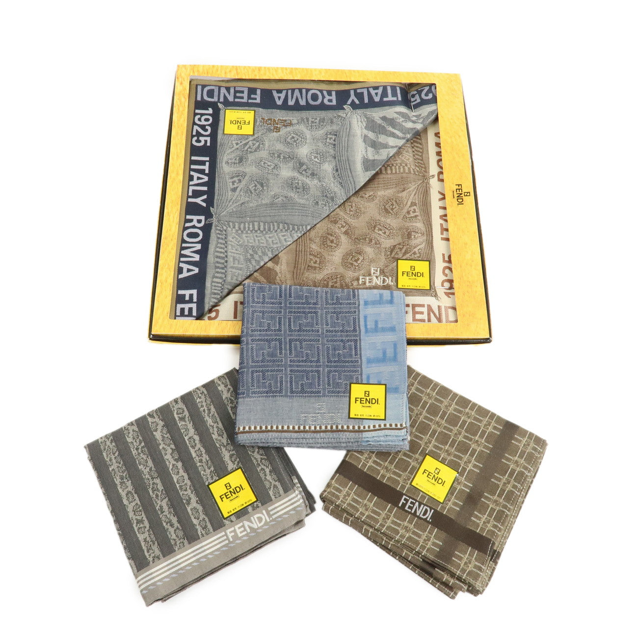 FENDI Set of 5 Cotton 100% Handkerchief Brown Black Navy Used