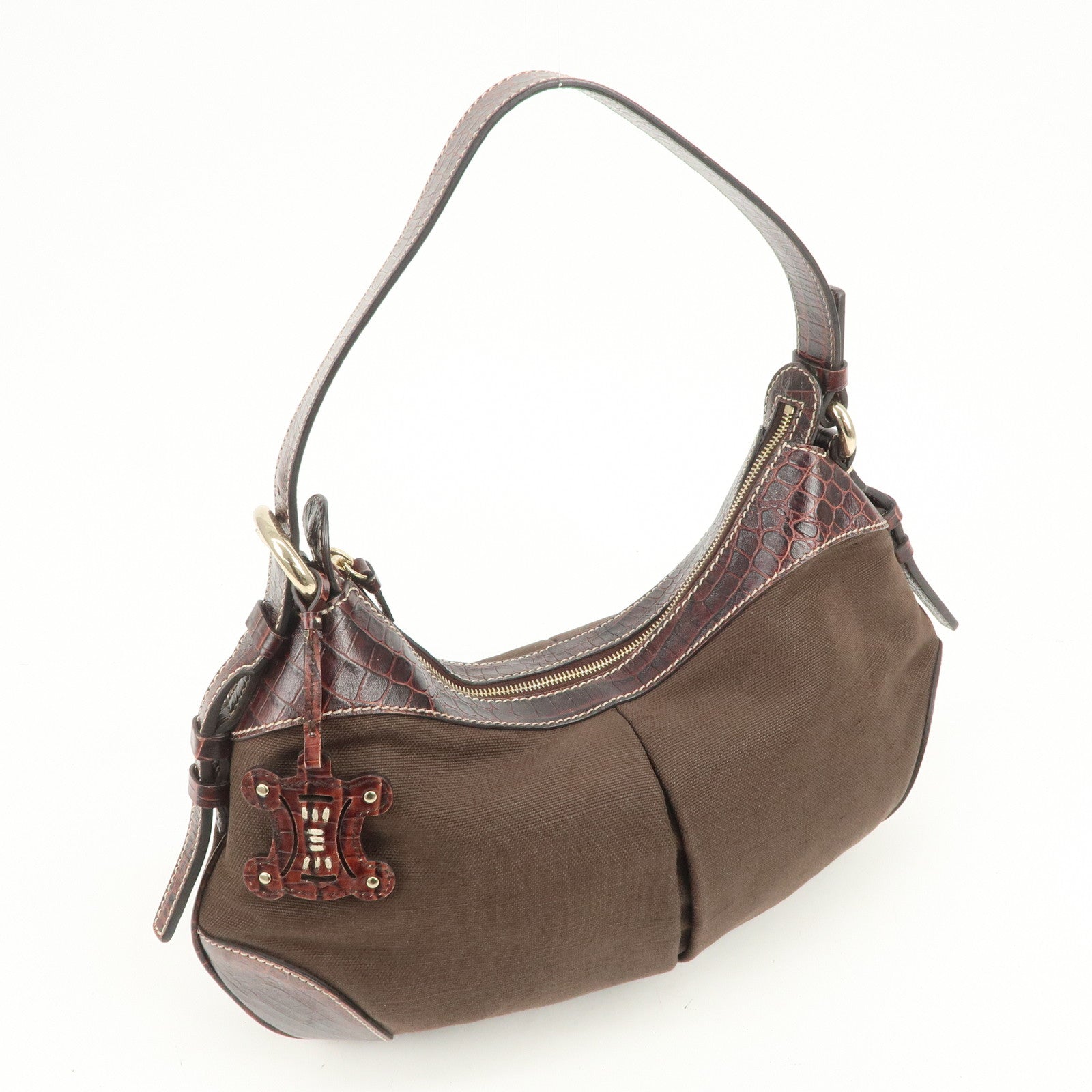 CELINE Canvas Leather Shoulder Bag Hand Bag Brown
