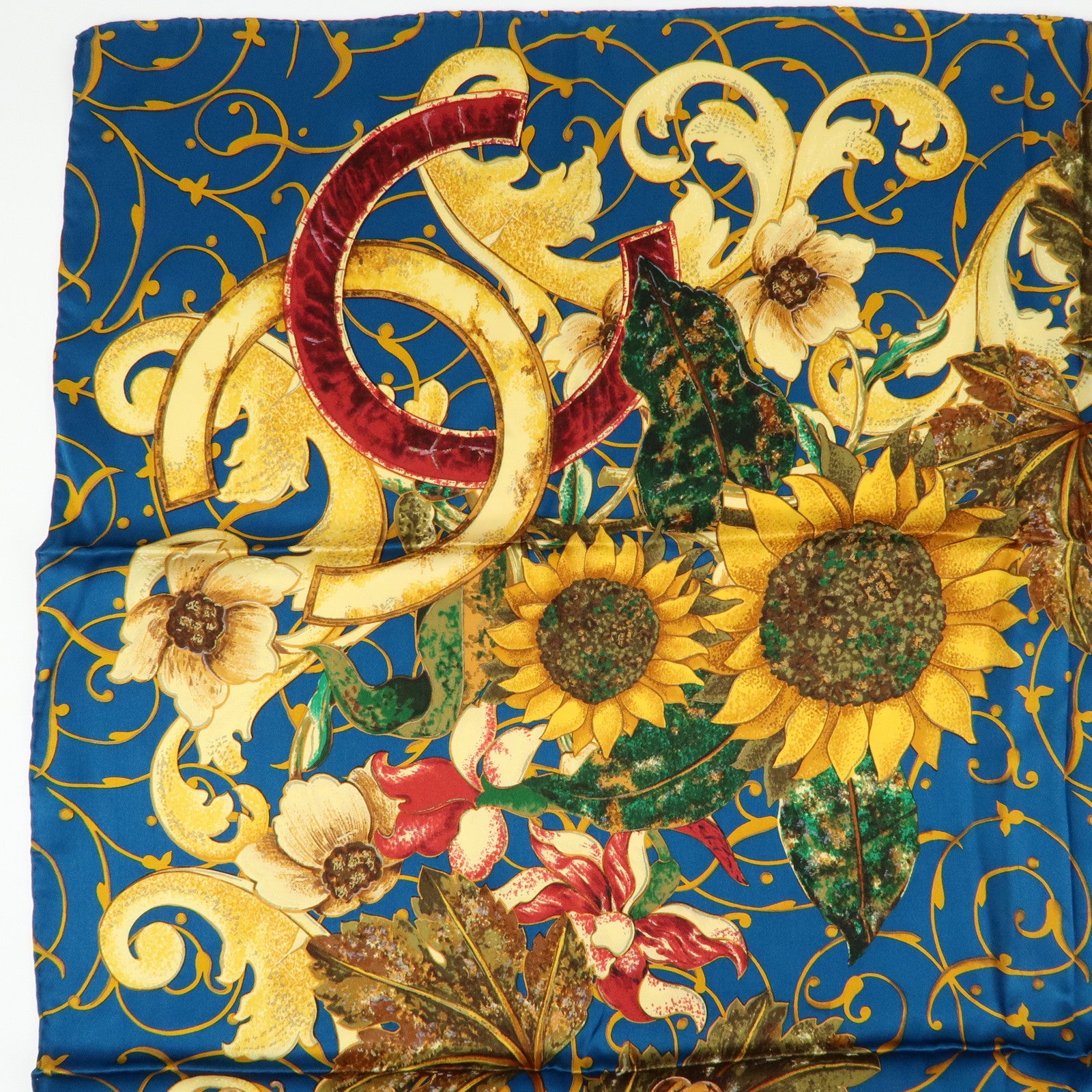 CHANEL Silk 100% Scarf Flower Print Sunflower Blue Gold