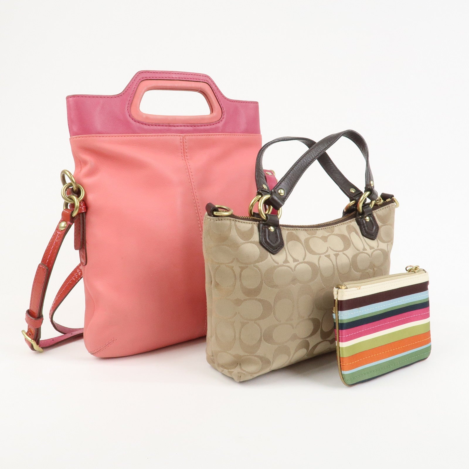COACH Signature Set of 3 Silk Canvas Leather Hand Bag Pouch Pink