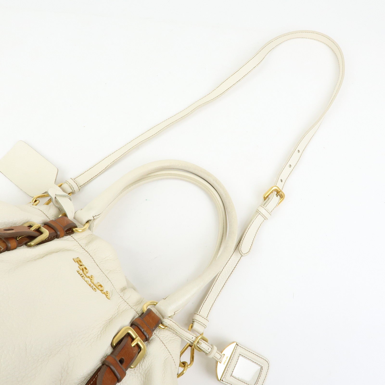 PRADA Leather 2Way Bag Hand Bag Shoulder Bag Ivory Brown BN1773