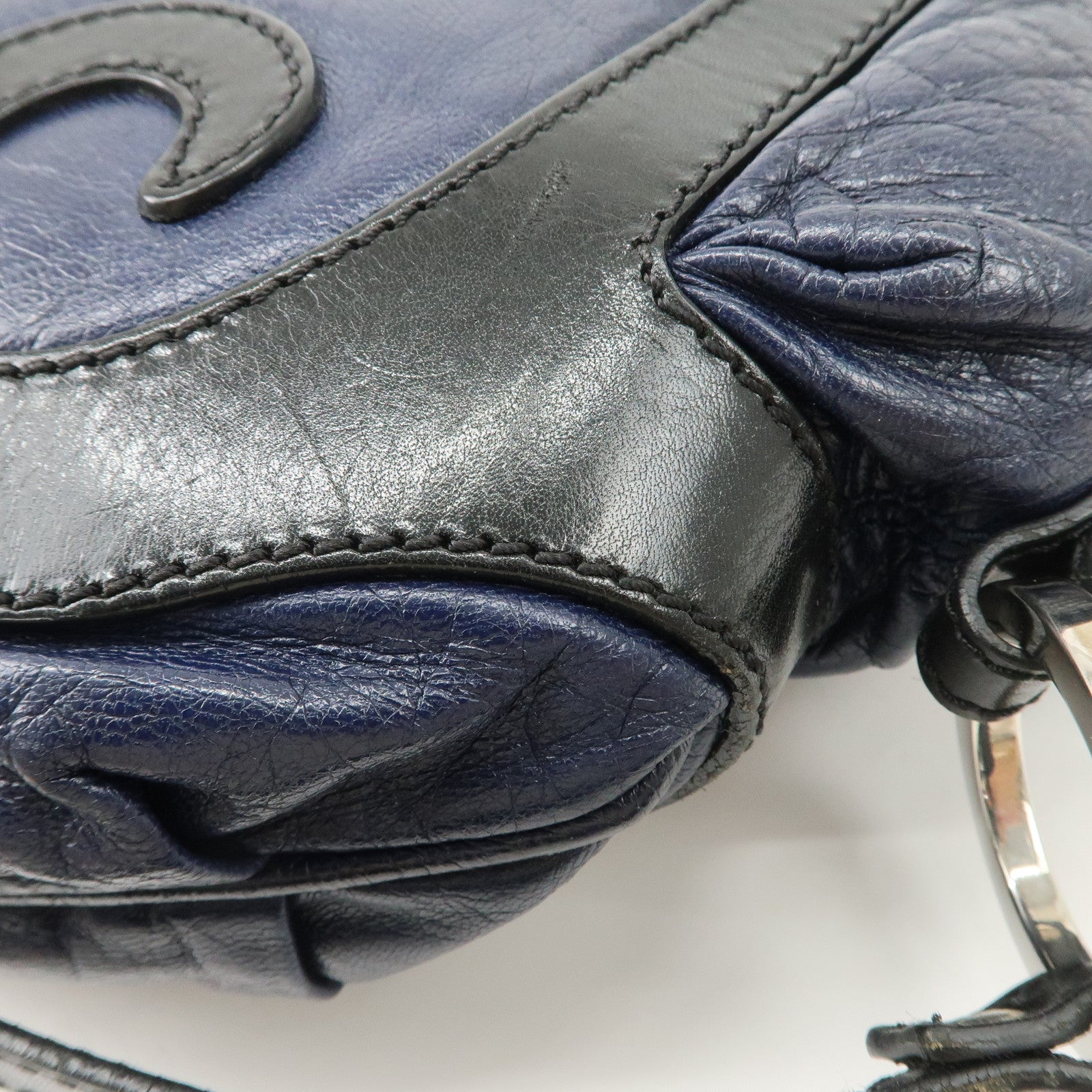 FENDI Leather Shoulder Bag Navy Black Silver HDW 8BR293 Used