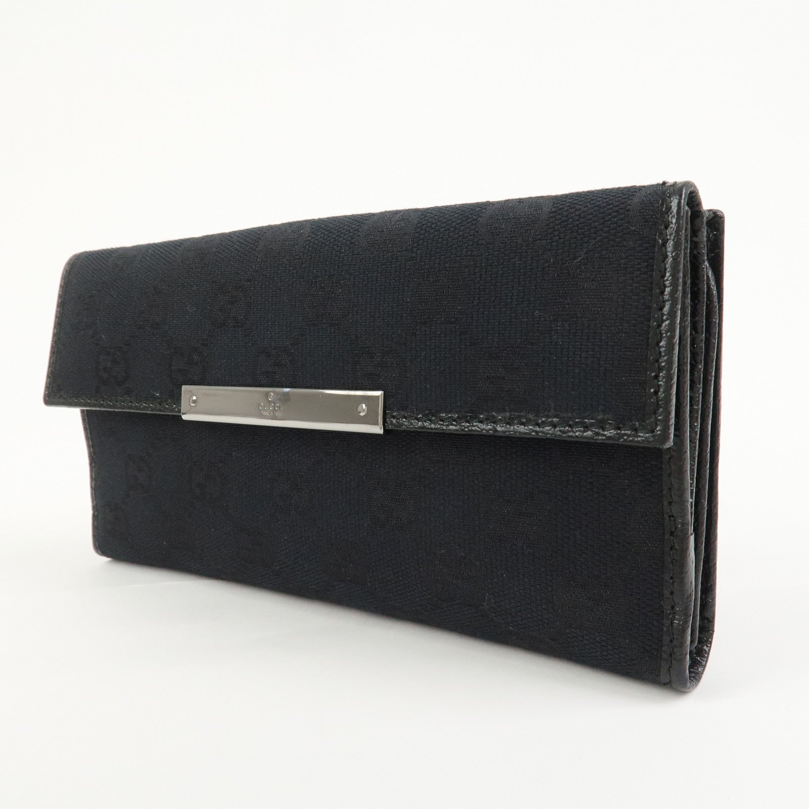 GUCCI GG Canvas Leather W Hook Bi-fold Long Wallet Black 112715