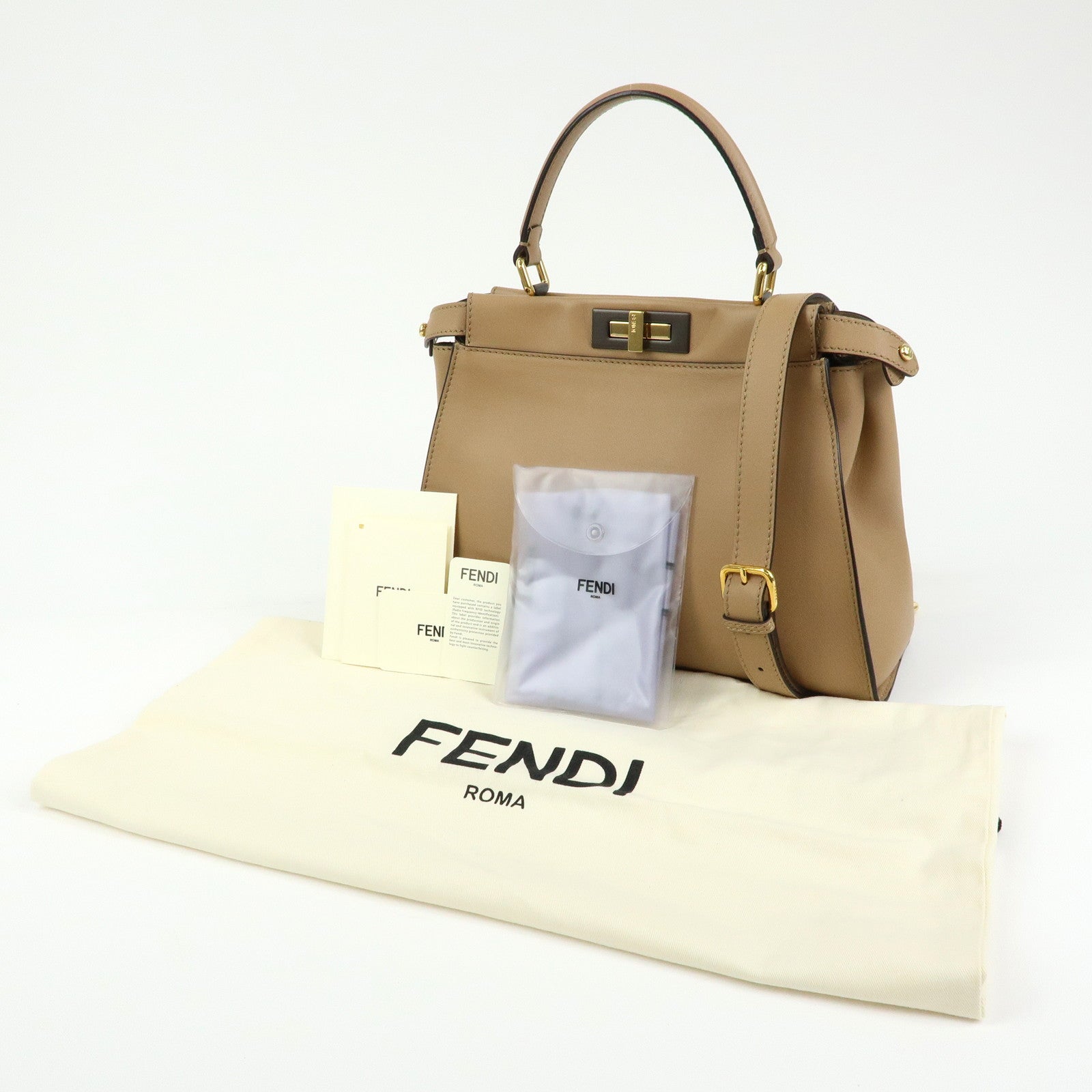 FENDI Peekaboo Leather 2Way Bag Hand Bag Shoulder Bag Beige 8BN290