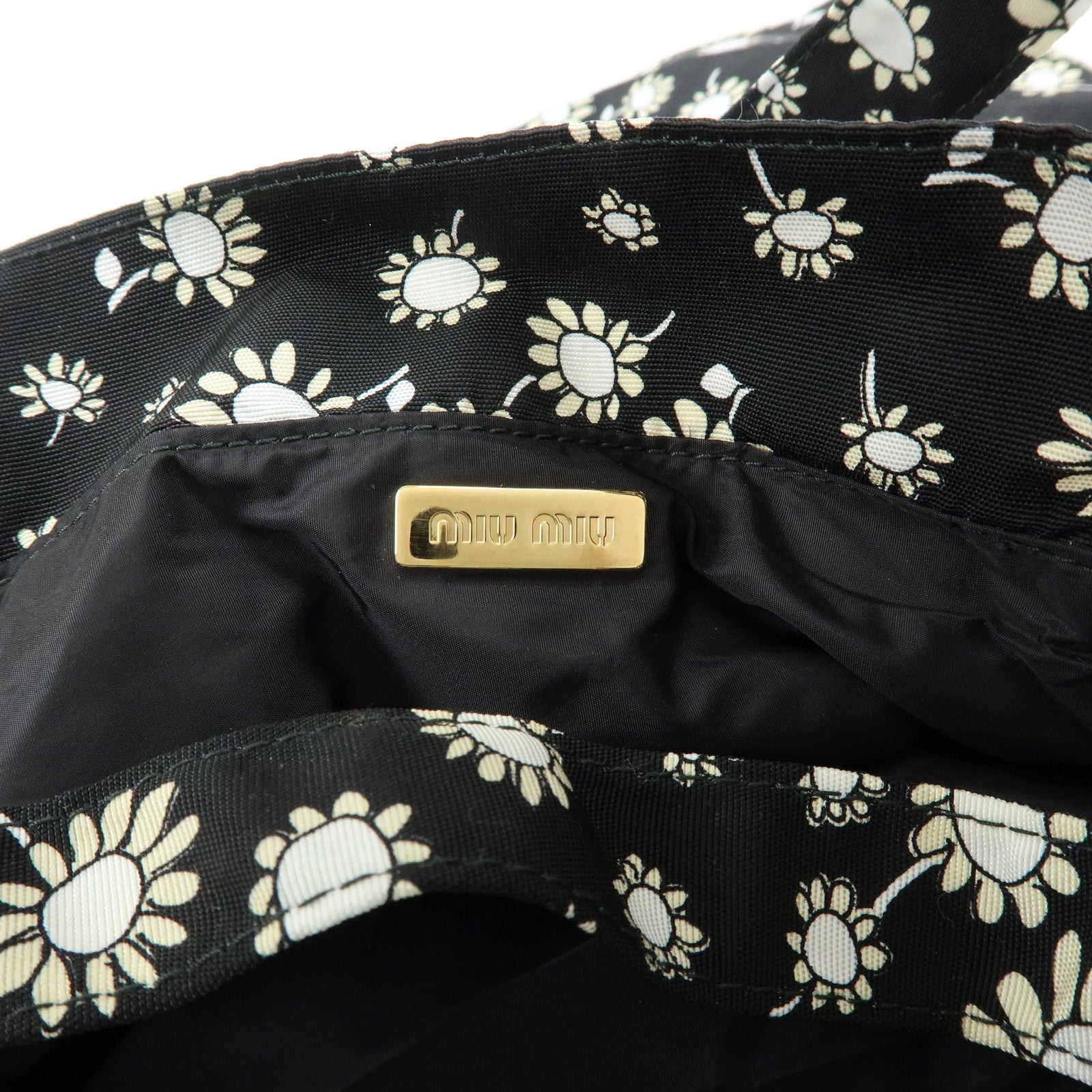 MIU MIU Nylon Leather Tote Bag Eco Bag Hand Bag Flower Print Black