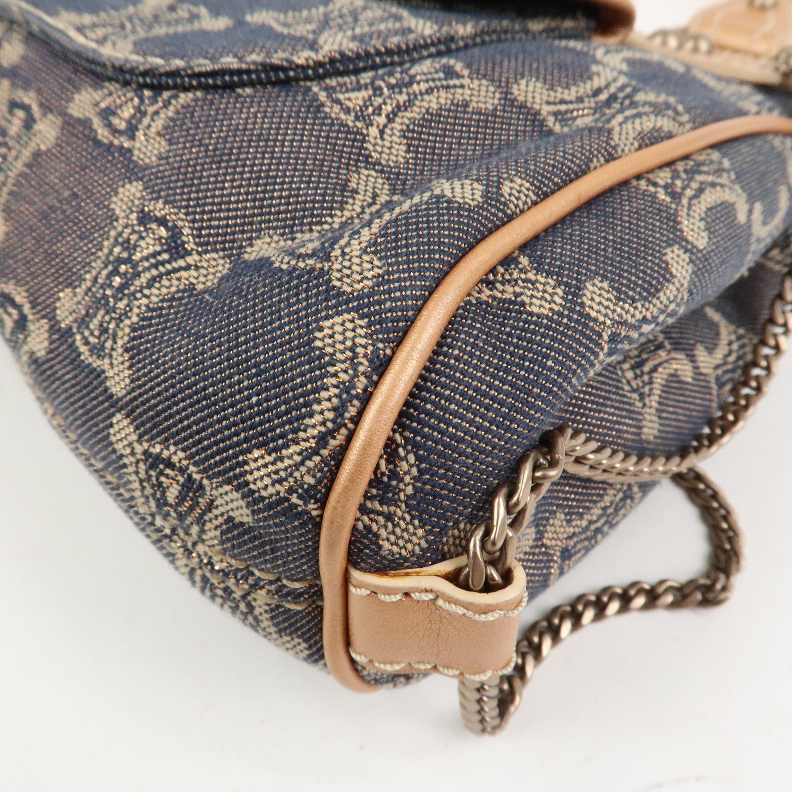 CELINE Macadam Denim Leather Glitter Hand Bag Metallic Pink Navy