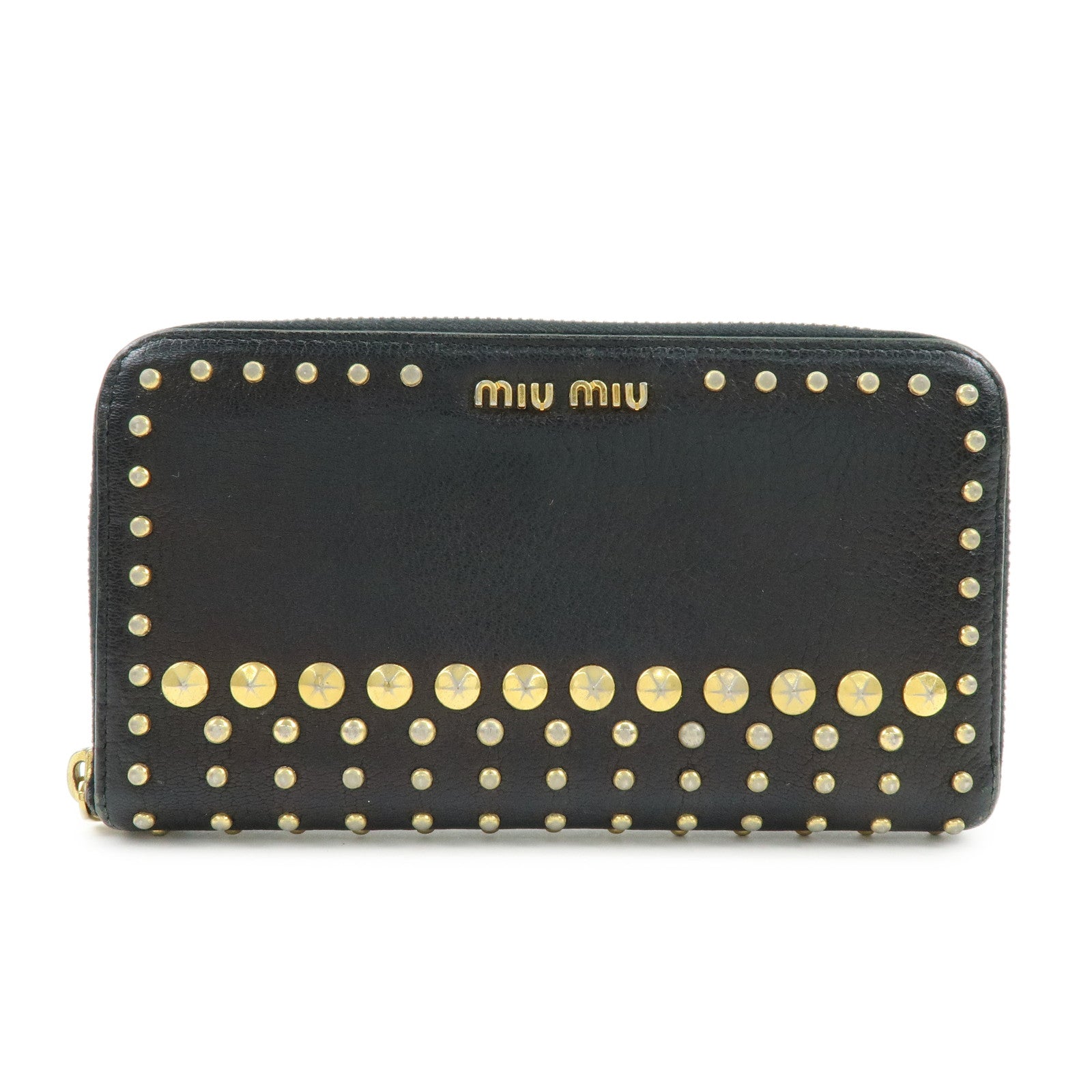 MIU MIU Logo Leather Studs Zippy Long Wallet Black 5M0506