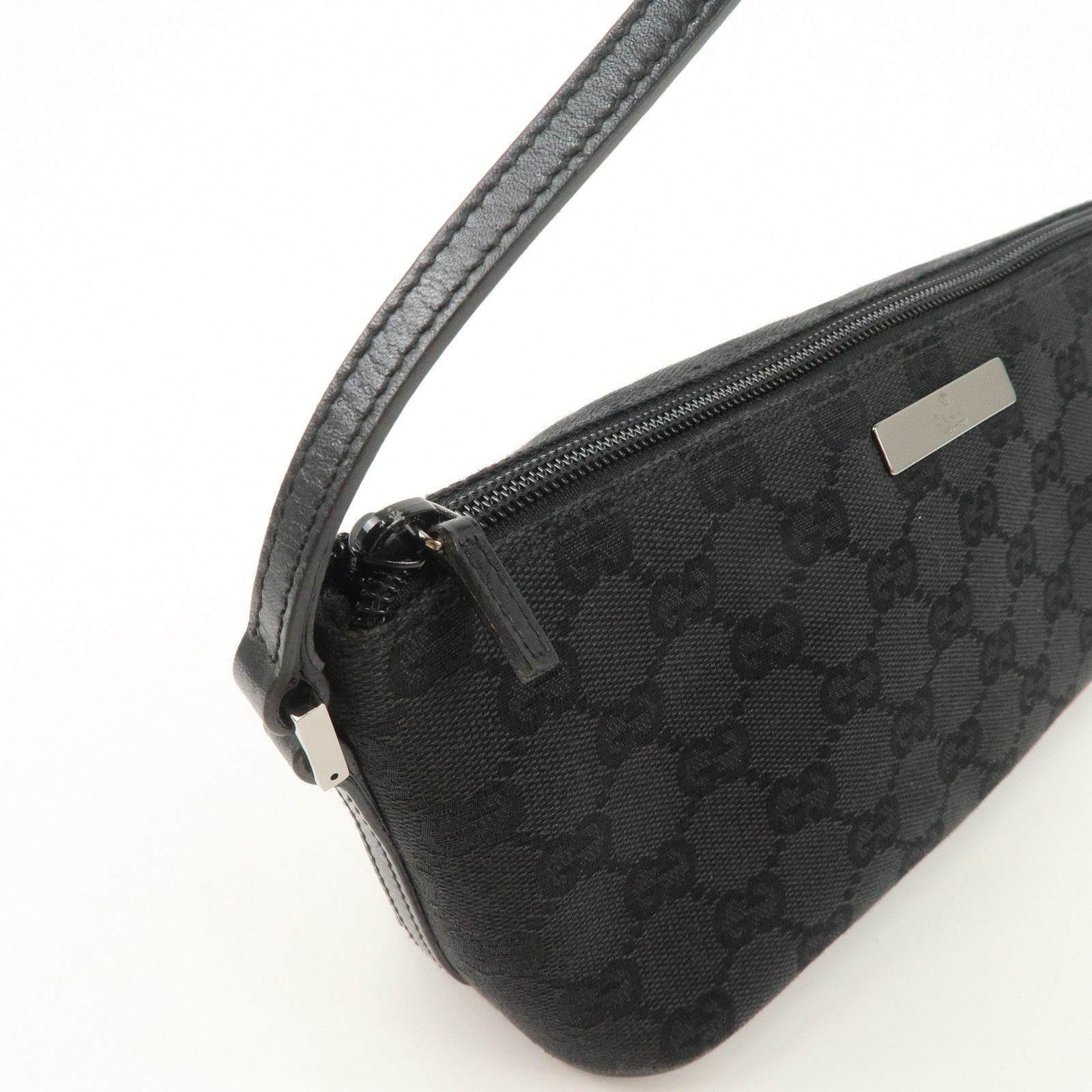 GUCCI Boat Bag GG Canvas Leather Hand Bag Pouch Black 07198
