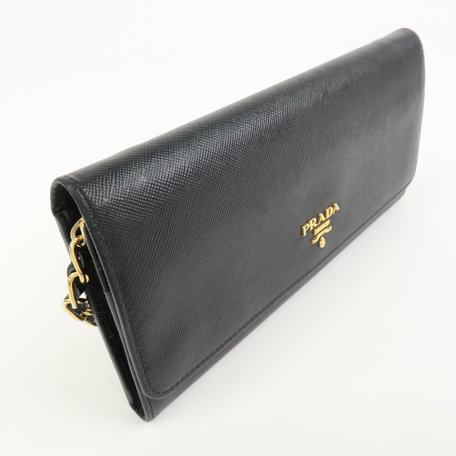 PRADA Logo Leather Chain Wallet WOC Shoulder Wallet Black 1MT290