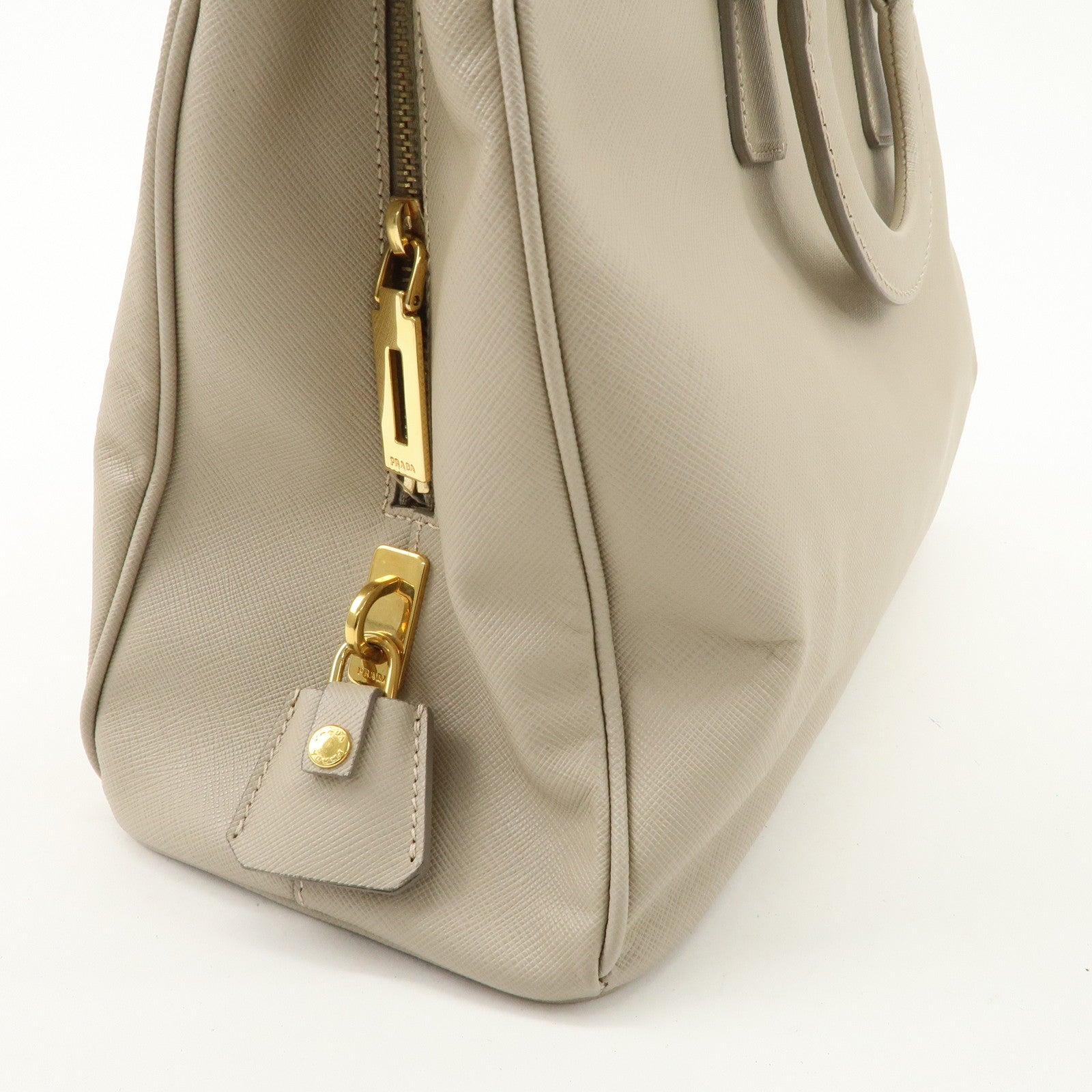 PRADA Triangle Logo Leather 2Way Bag Hand Bag Beige Gold Hardware Used