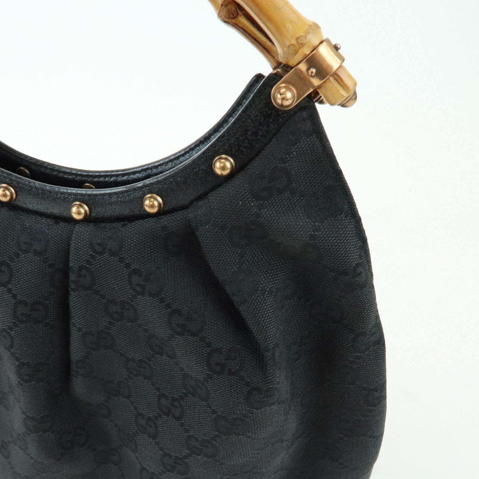GUCCI Bamboo GG Canvas Leather Hand Bag Shoulder Bag Black 124297