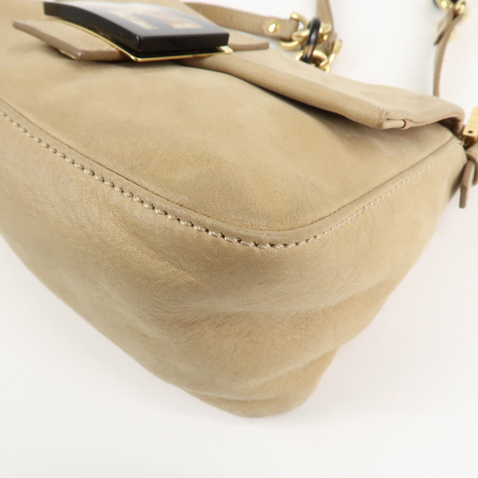 FENDI Mamma Baguette Leather Chain Shoulder Bag Beige 8BR180 Used