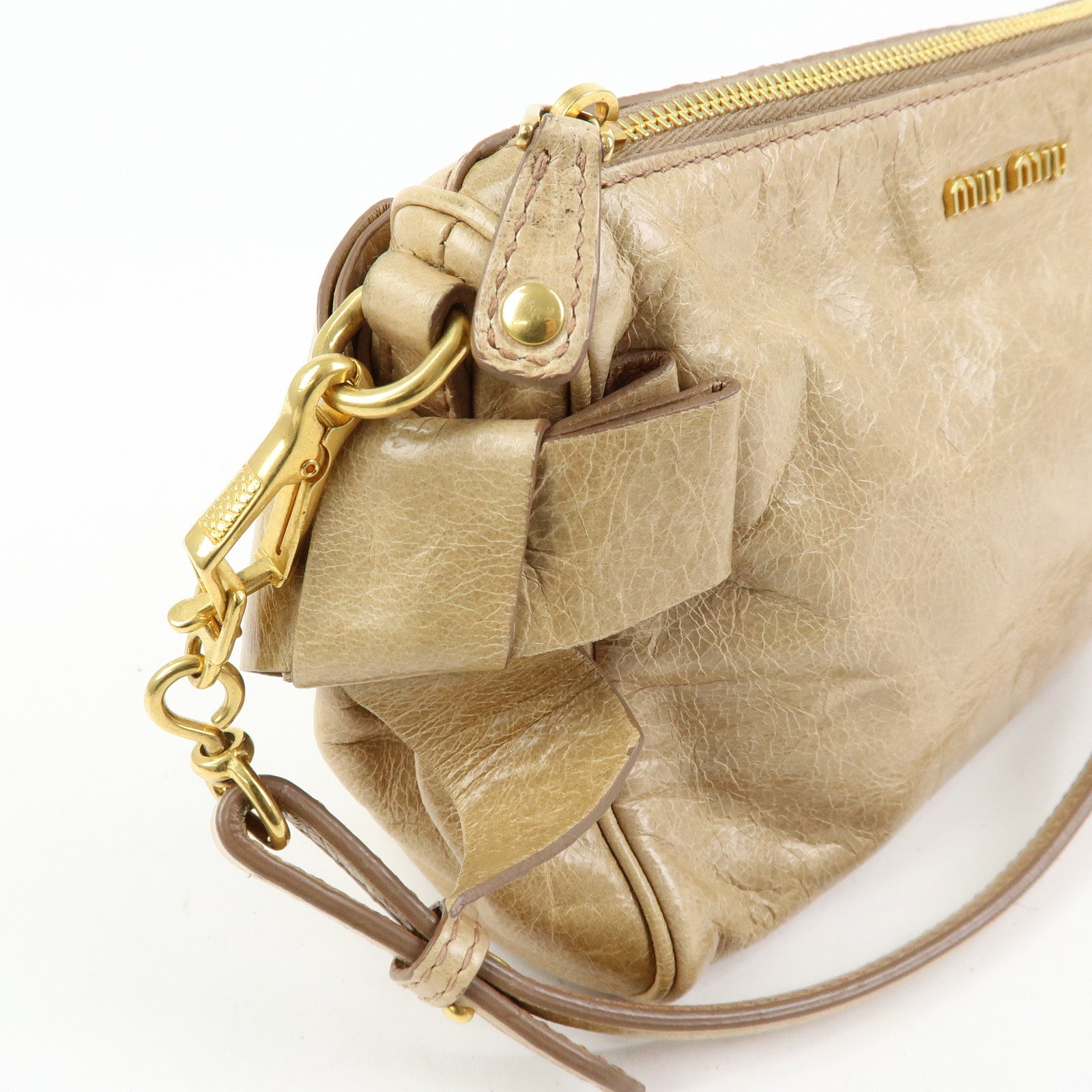 MIU MIU Leather Double Sided Ribbons Hand Bag Shoulder Bag Beige
