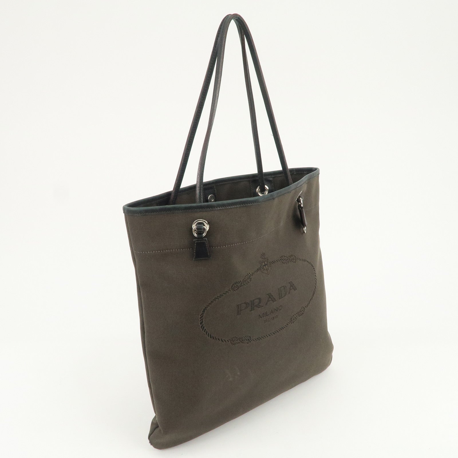PRADA Logo Jacquard Leather Tote Bag Shoulder Bag Dark Brown