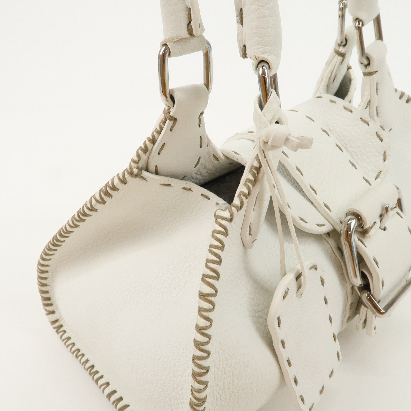 FENDI Seleria Leather Hand Bag White Silver HDW 8BR439