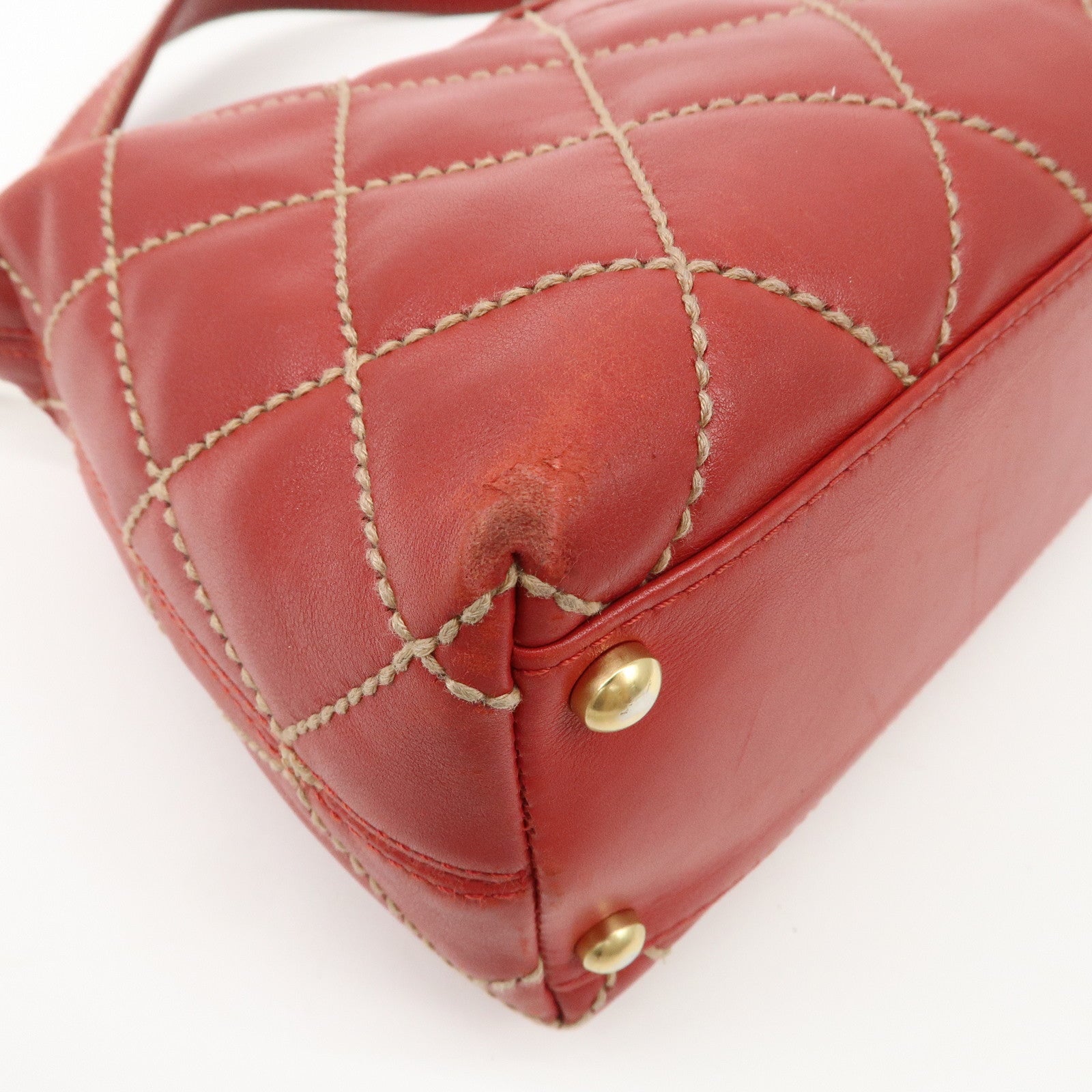 CHANEL COCO Mark Wild Stitch Lamb Skin Leather Hand Bag Red