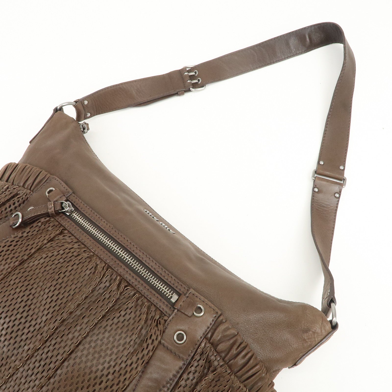 MIU MIU Logo Leather Shoulder Bag Crossbody Bag Brown
