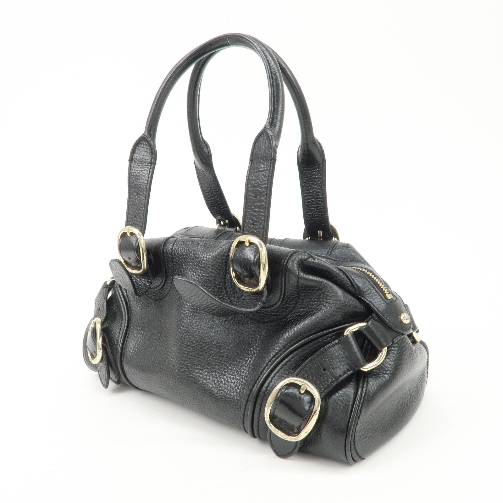 BURBERRY Leather Boston Bag Hand Bag Black Silver HDW