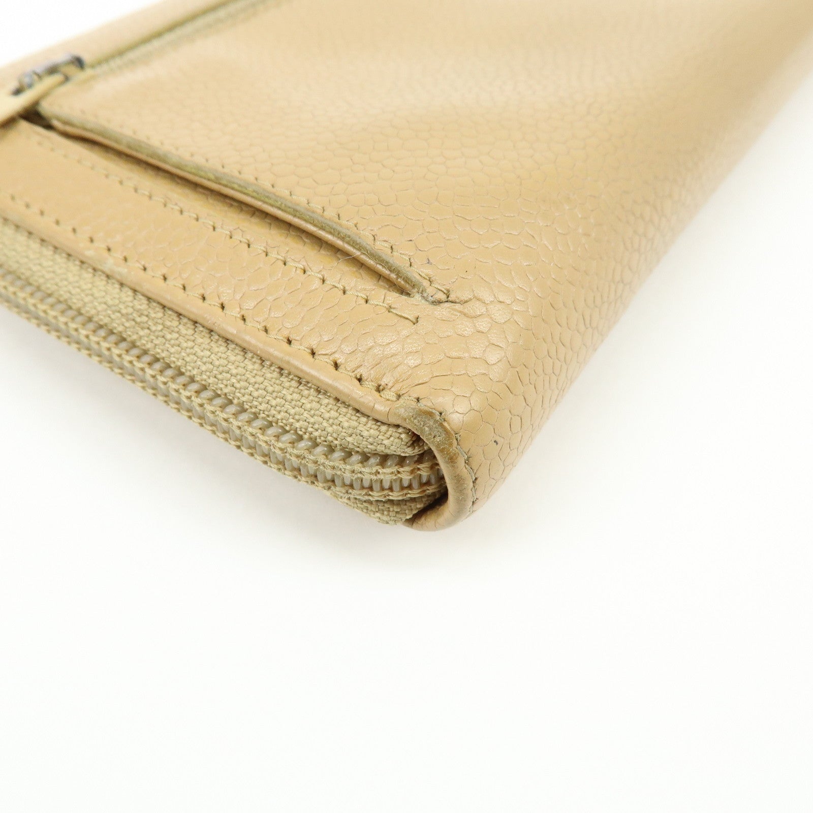 CHANEL Caviarskin Round Zippy Wallet Long Wallet Beige A13228