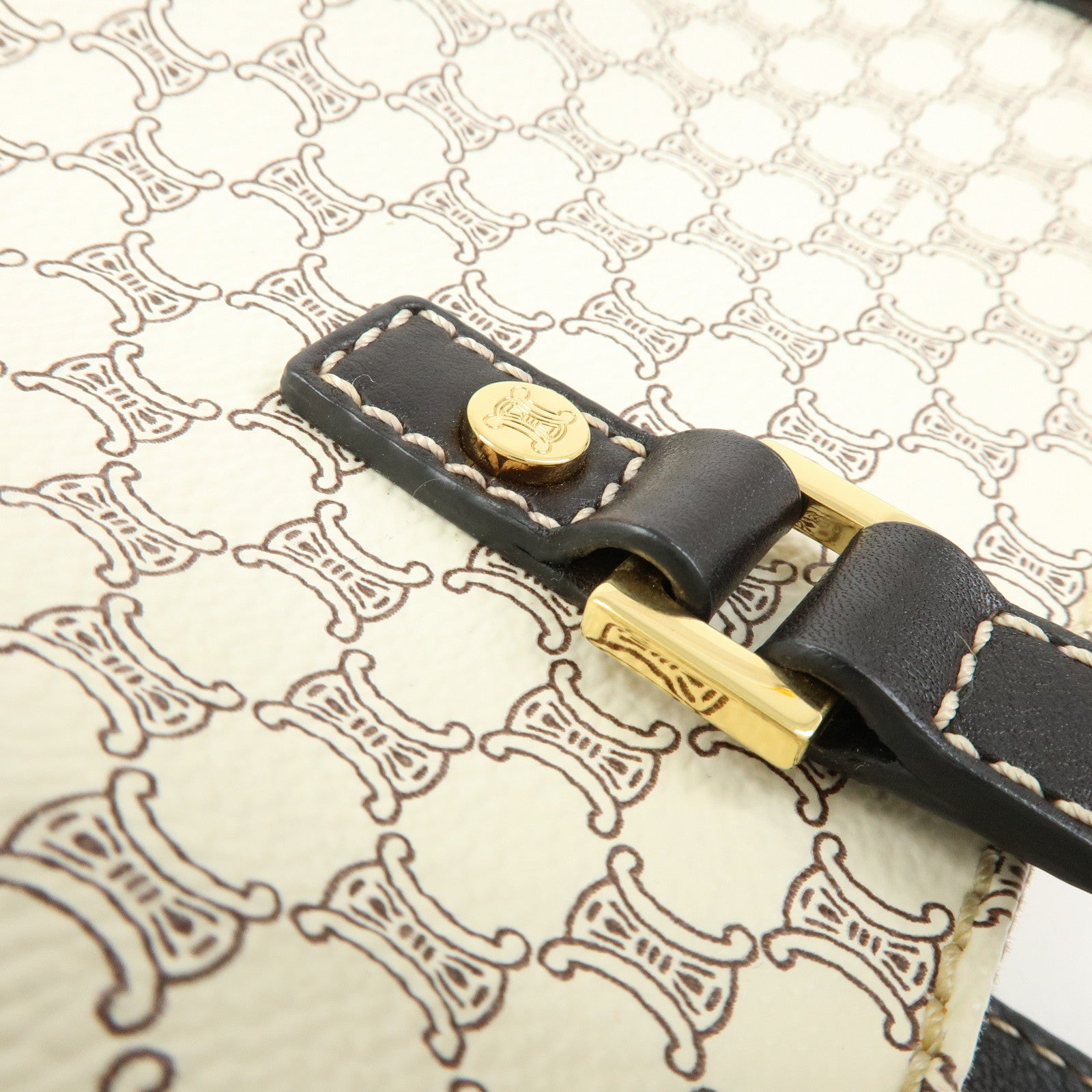 CELINE Macadam PVC Coated Canvas Leather Tote Bag White Dark Brown