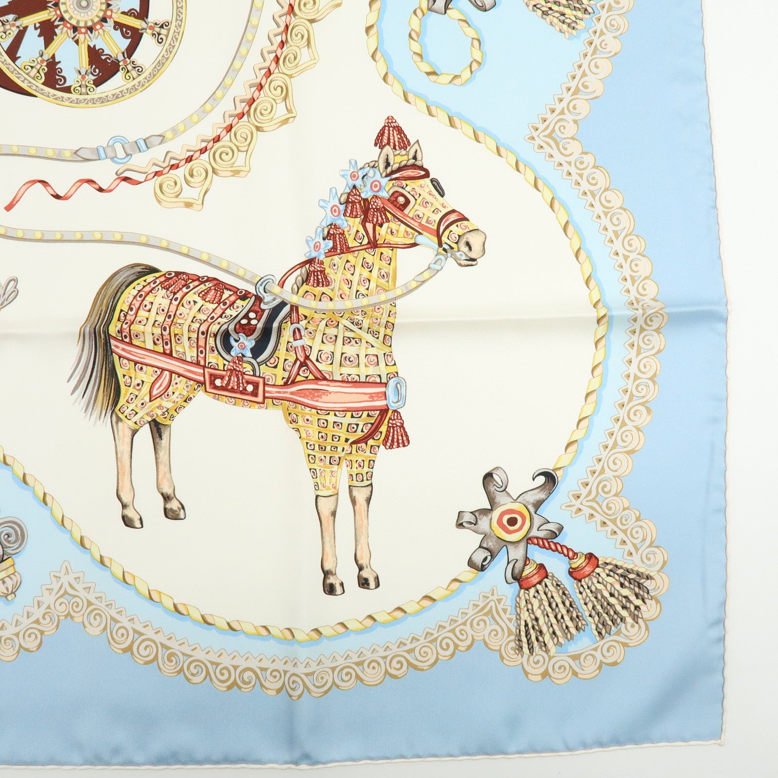 HERMES Carre 90 Silk 100% Scarf PAPEROLLES Light Blue Ivory