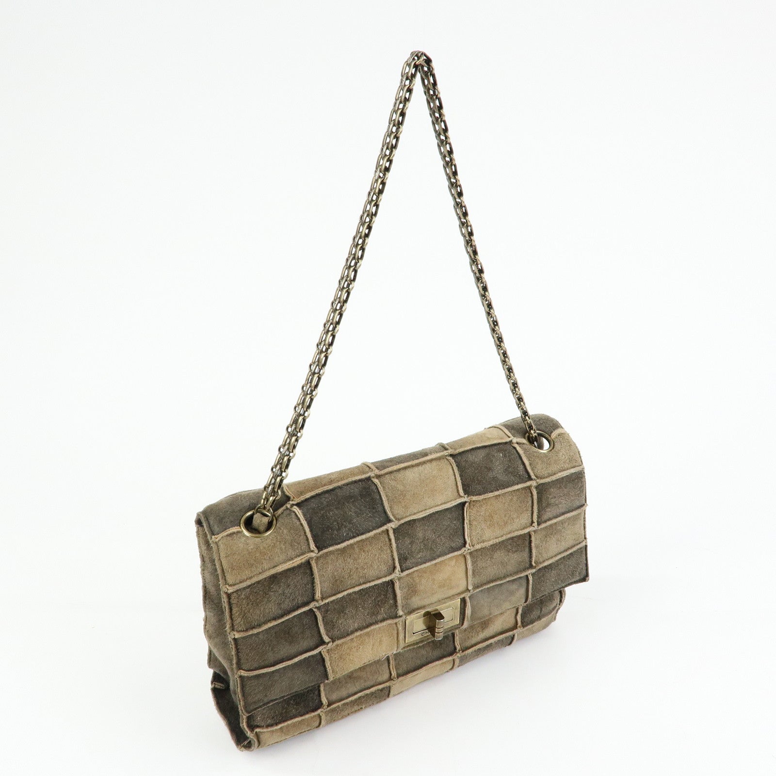 CHANEL Chanel 2.55 Suede Patchwork Chain Shoulder Bag Gray Brown