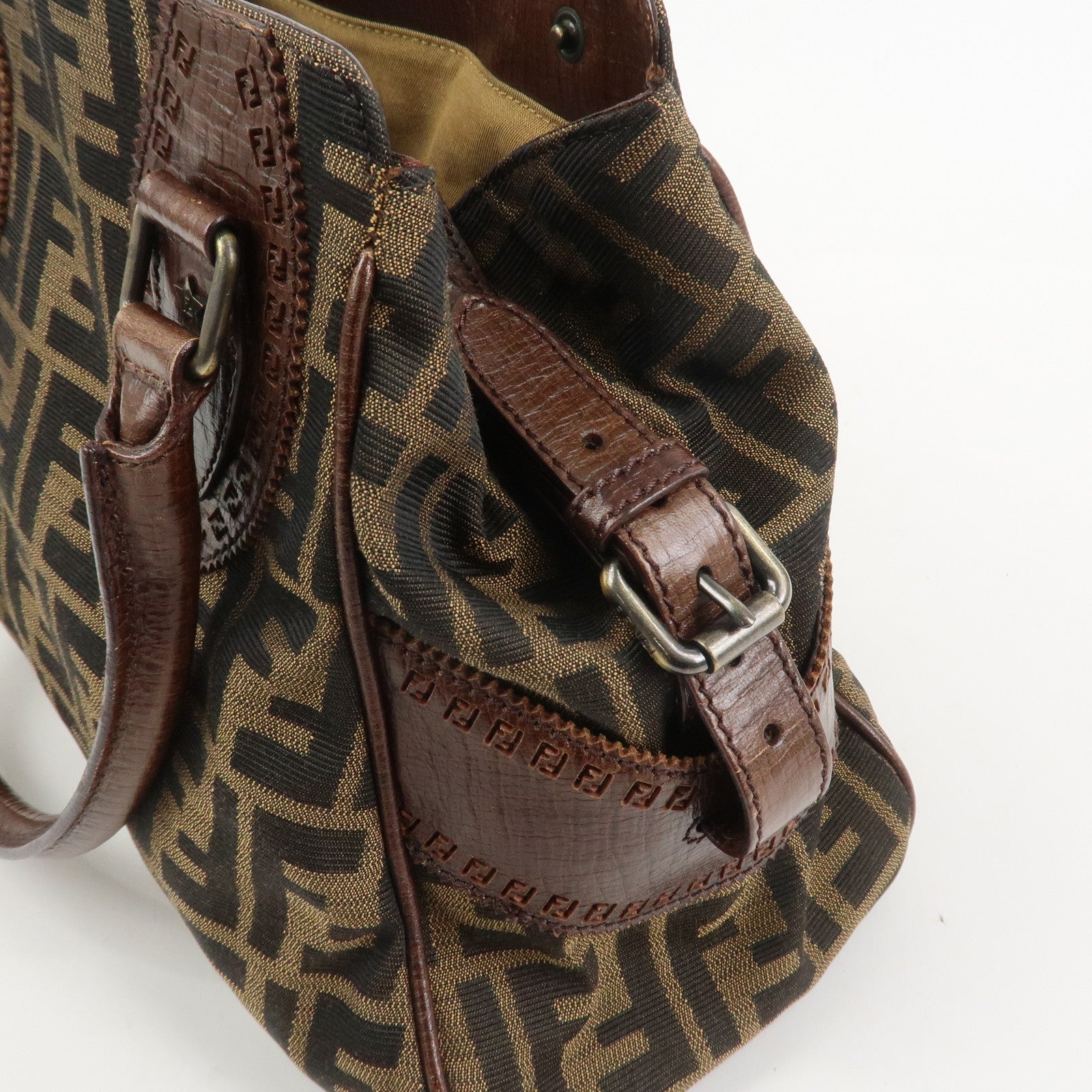 FENDI Etnico Canvas Leather Shoulder Bag Brown Black 8BN157