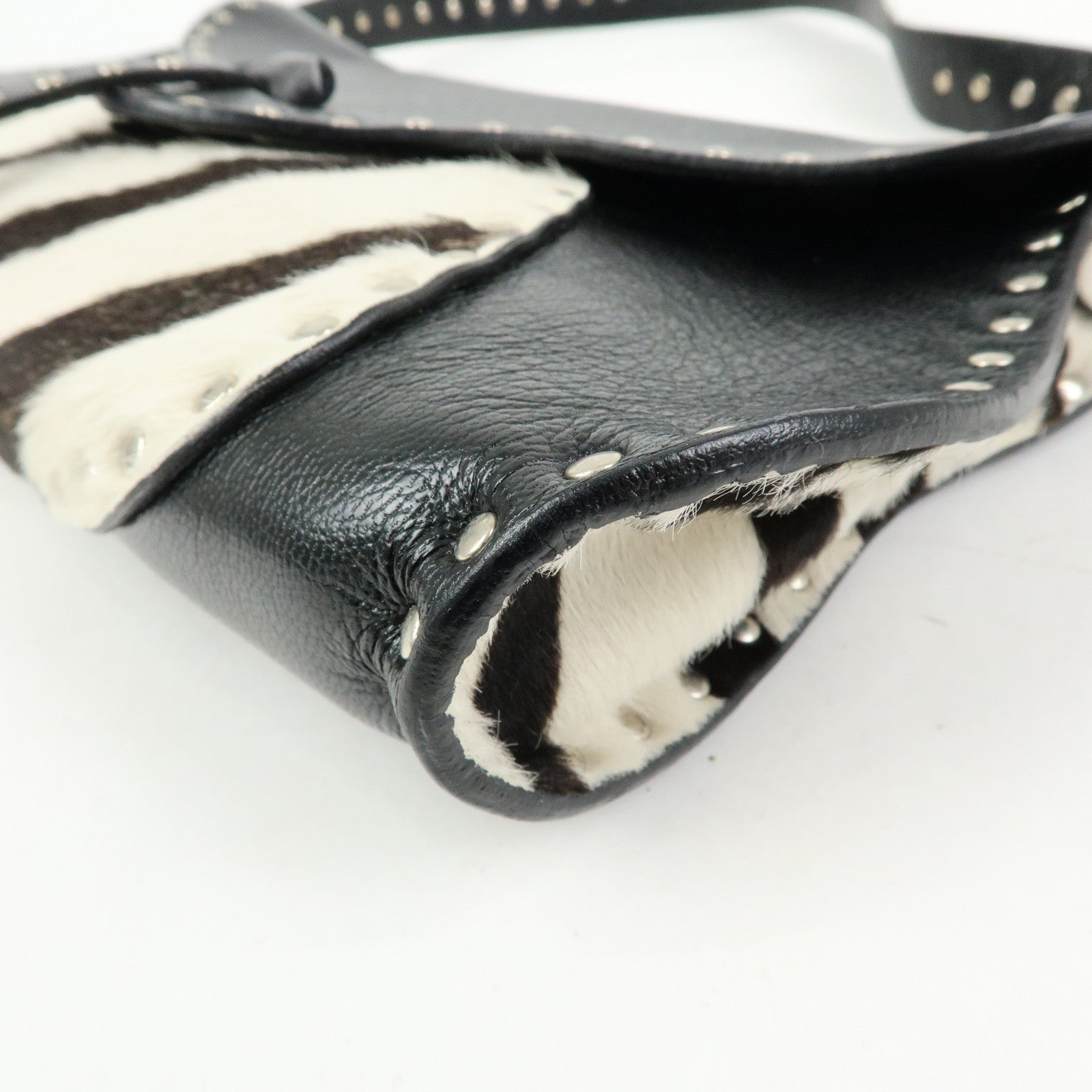 CELINE Haircalf Leather Studs Hand Bag Zebra Print Black White