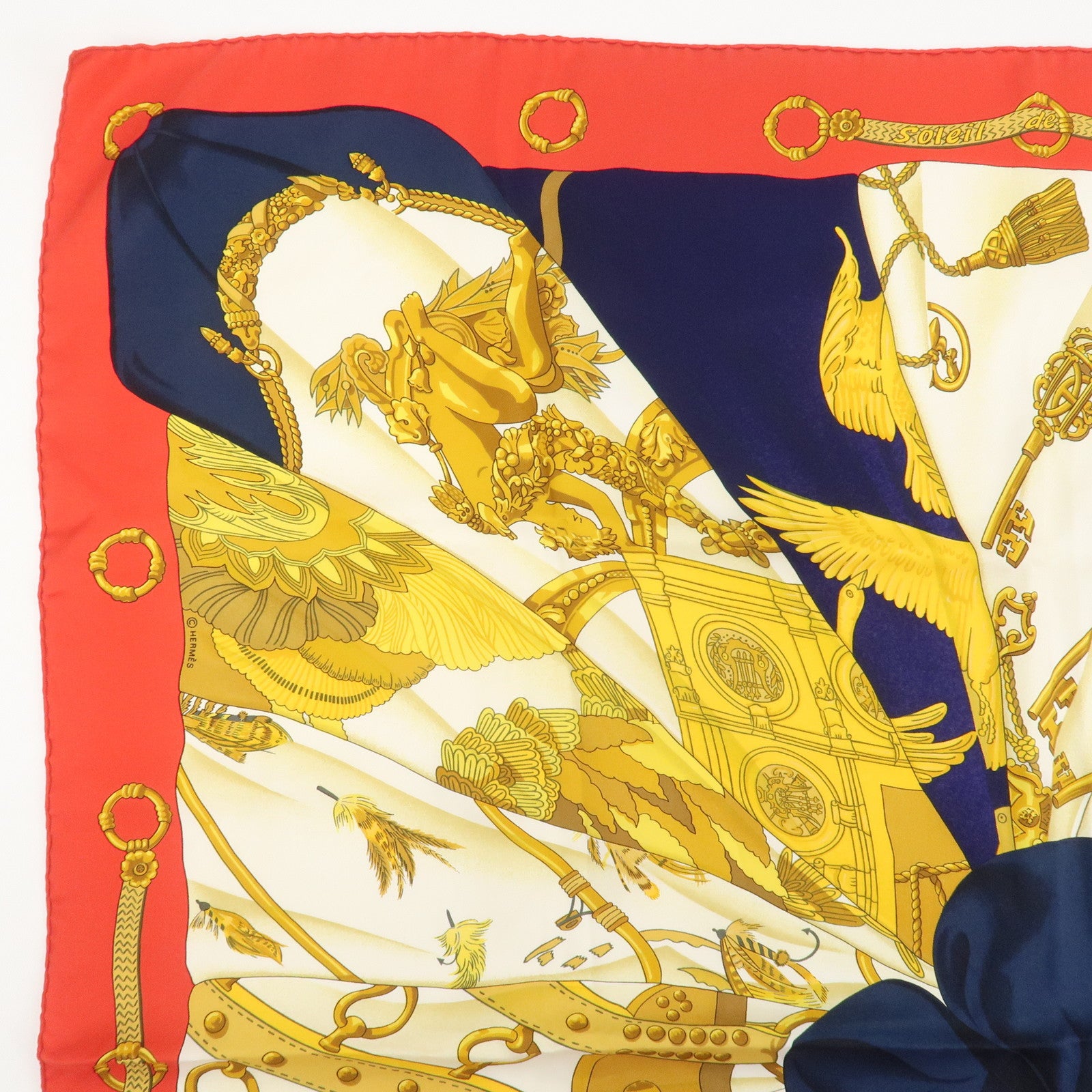 HERMES Carre 90 Silk 100% Scarf Soleil de Soie Gold Red Navy