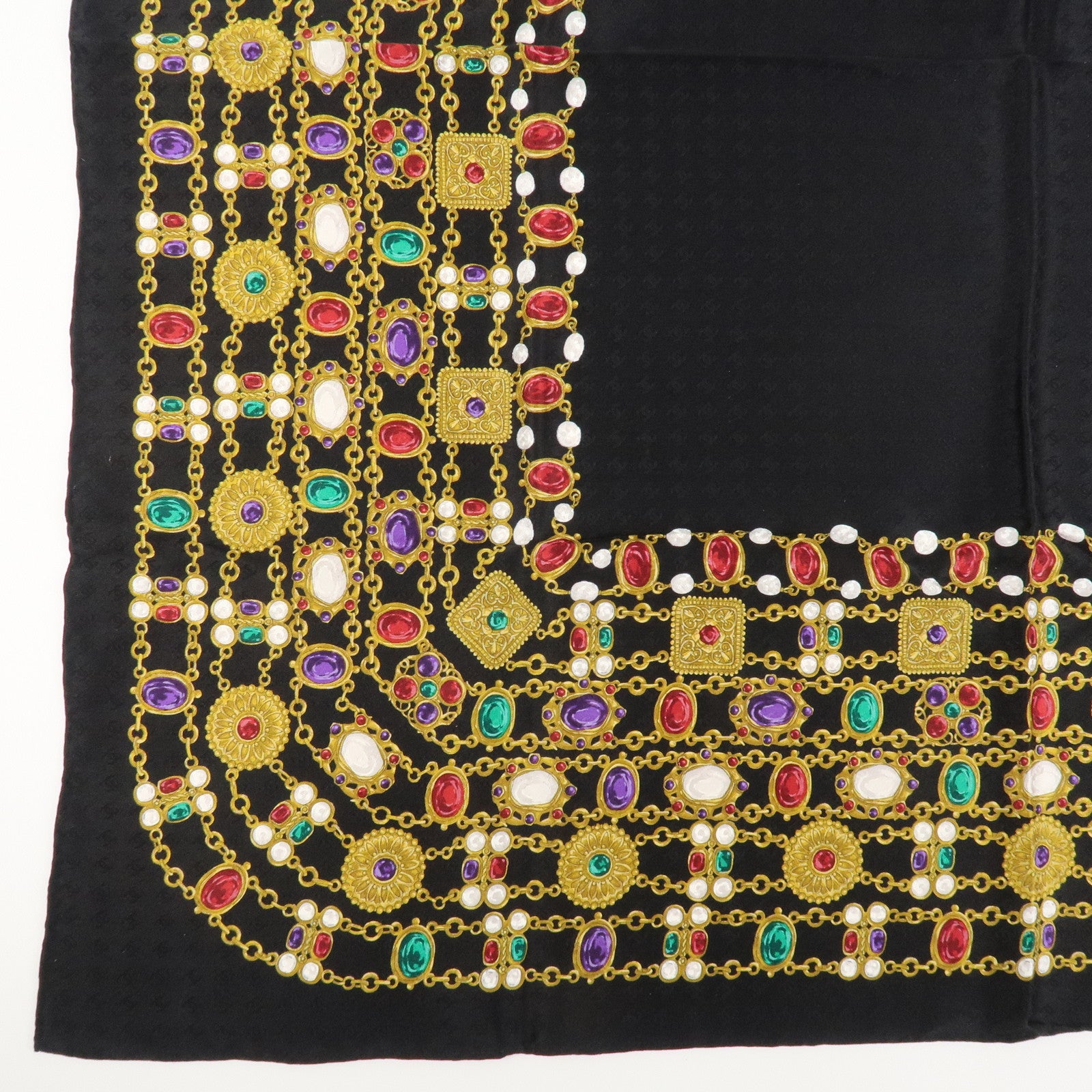 CHANEL COCO Mark Silk 100 % Jewelry Pattern Scarf Black Multi Color Used