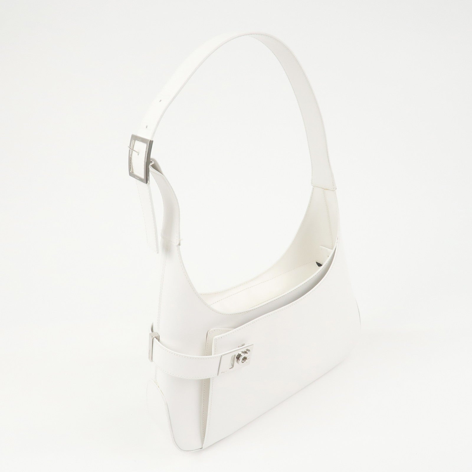 Ferragamo Gancini Leather Shoulder Bag Hand Bag White Silver