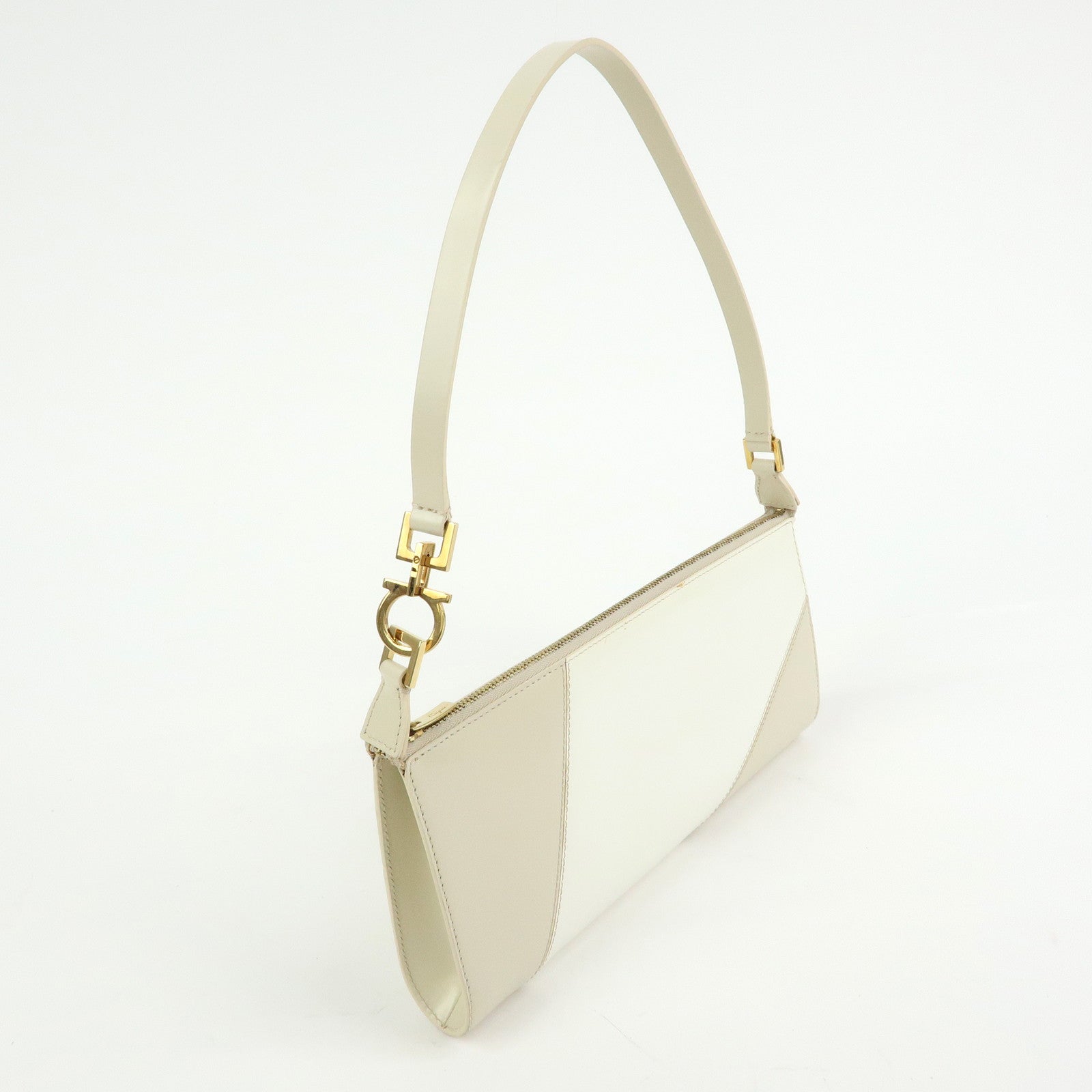 Ferragamo Gancini Leather Shoulder Bag Hand Bag Beige Ivory