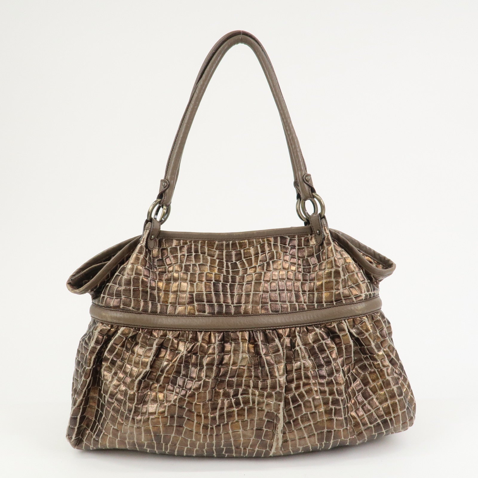 FENDI Embossed Leather Gathered Shoulder Bag Tote Bag Brown 8BH186
