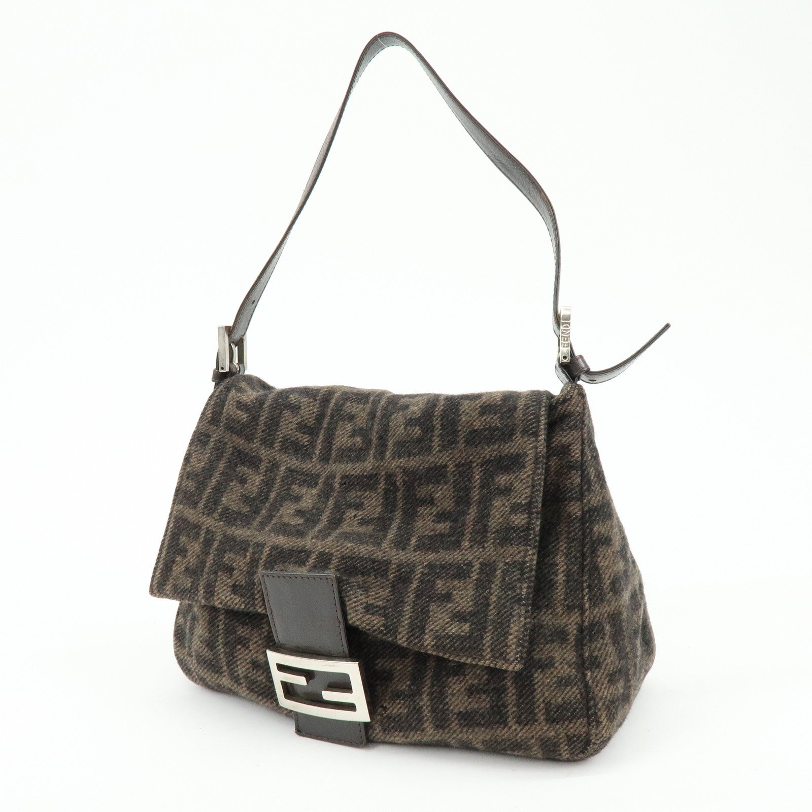 FENDI Mamma Baguette Zucca Wool Leather Shoulder Bag Brown 26325