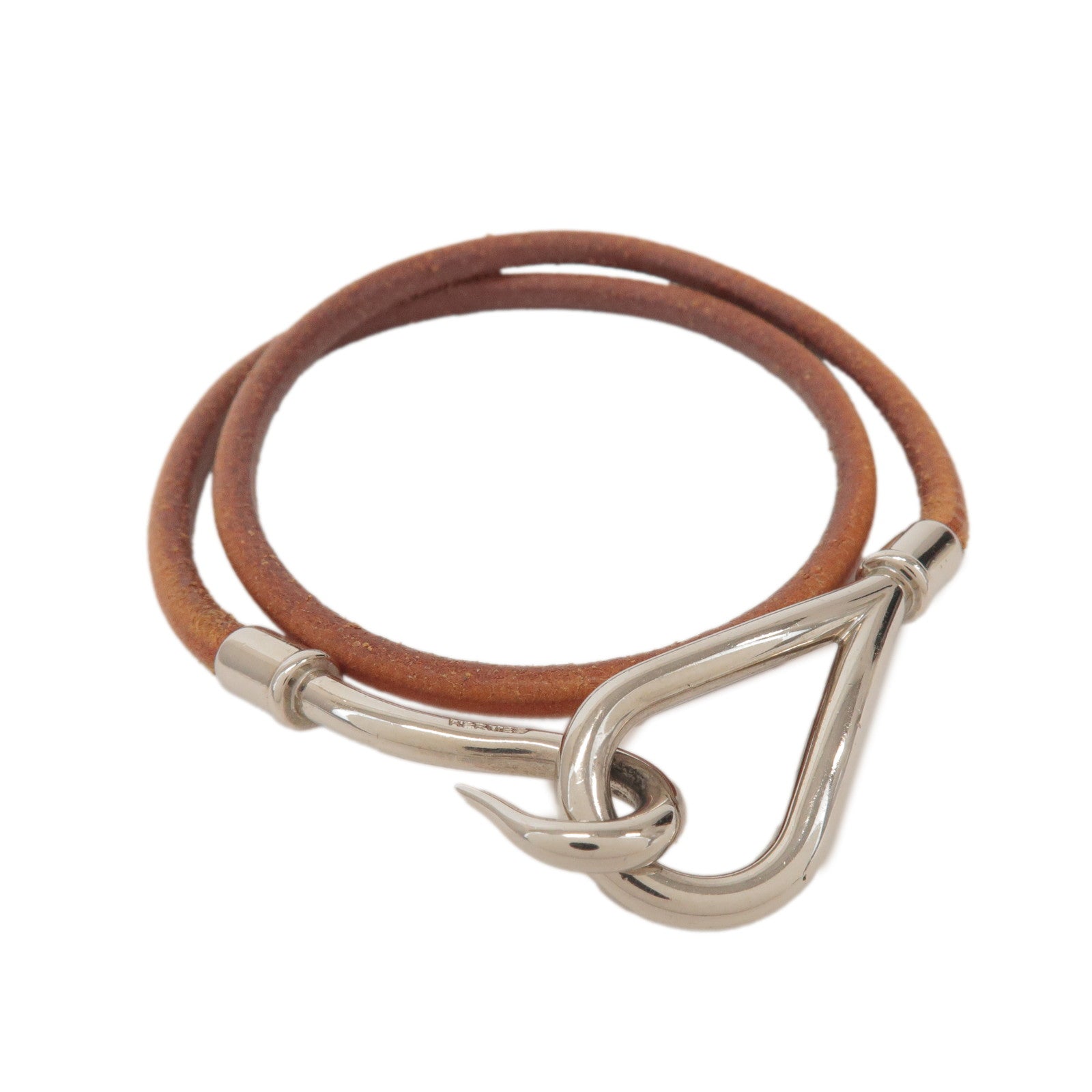 HERMES Jumbo Choker Leather Metal Bracelet Brown Silver