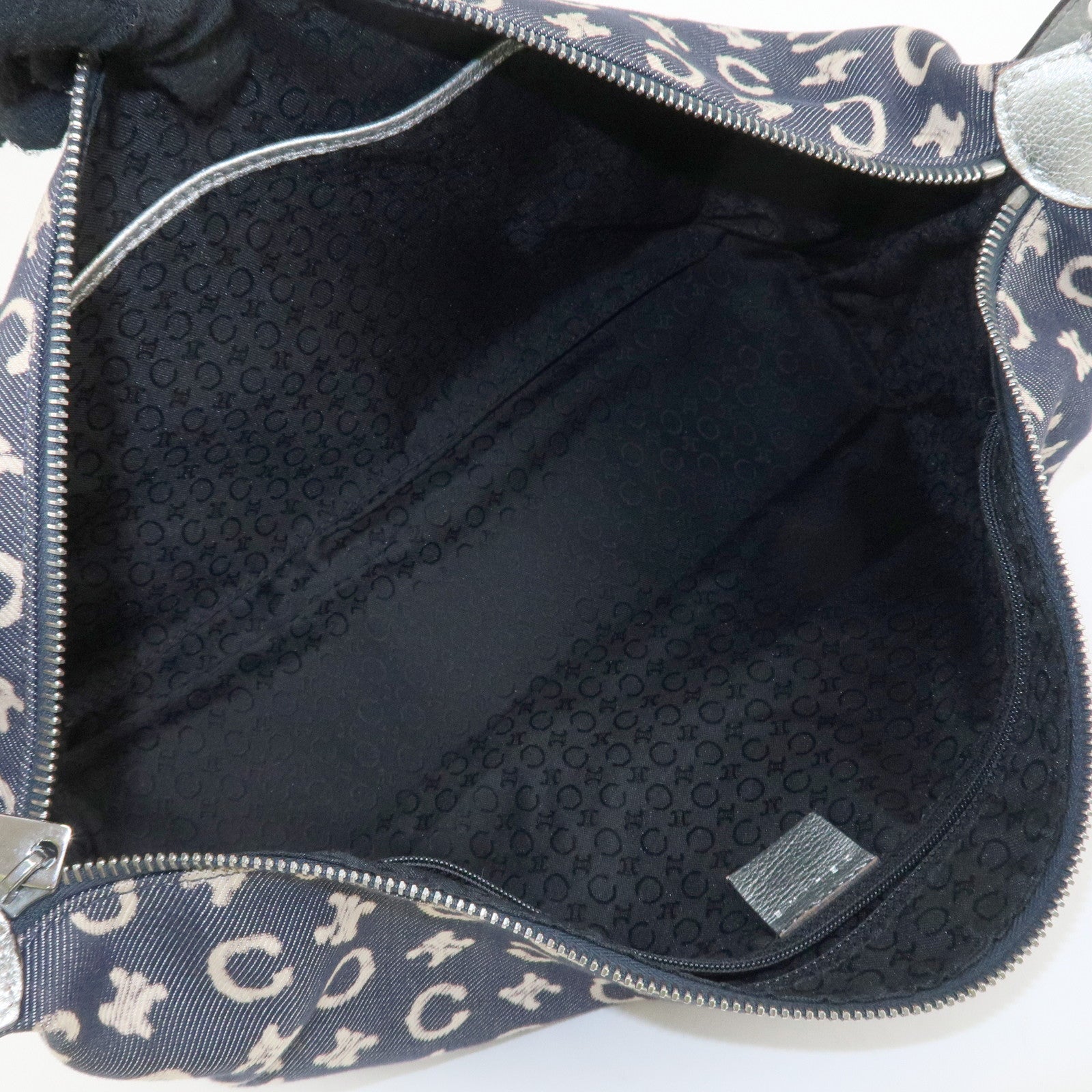 CELINE C Macadam Canvas Leather Shoulder Bag Navy Silver Used