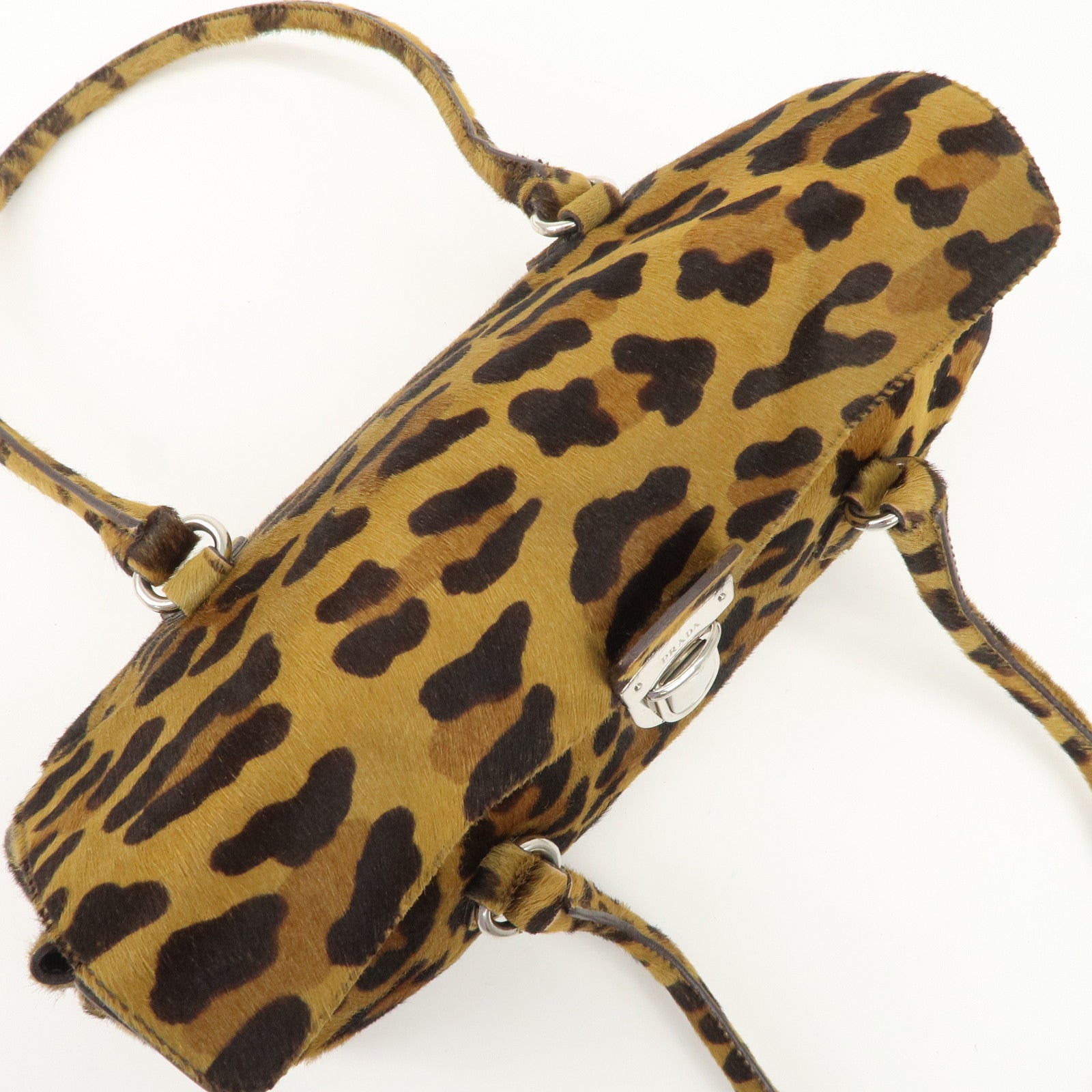PRADA Logo Unborn Calf Leopard Shoulder Bag Hand Bag Brown Used