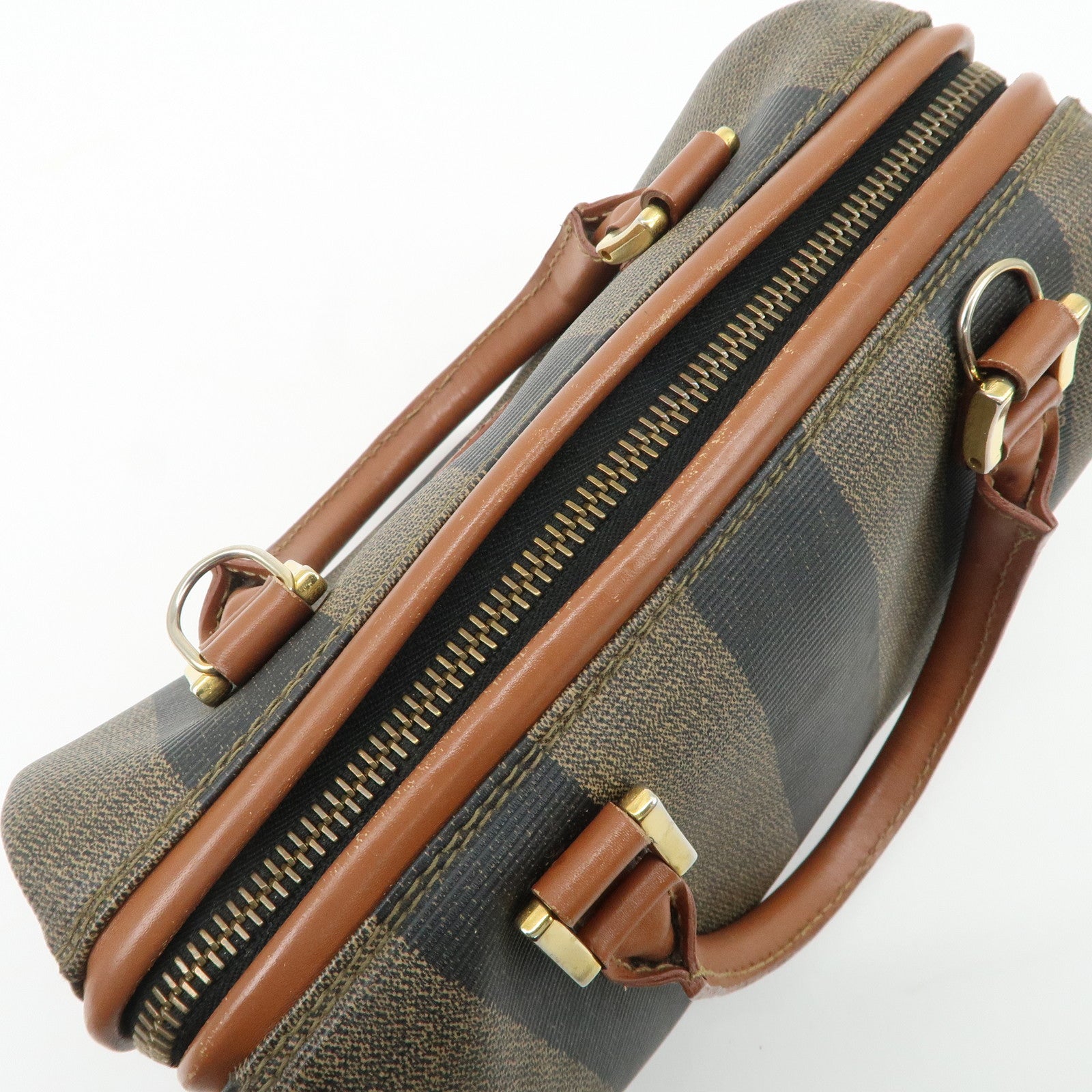FENDI Pequin PVC Leather Hand Bag Brown Black 259021 Used
