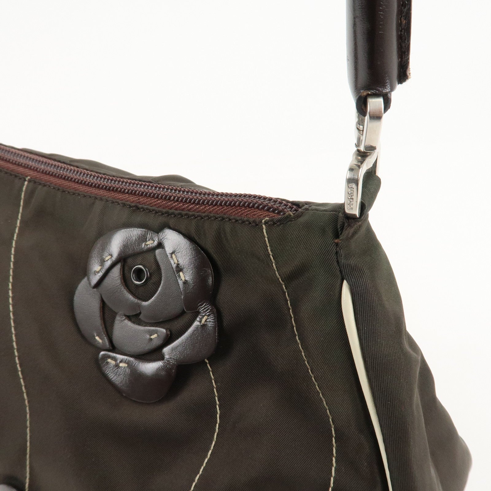 PRADA Nylon Leather Shoulder Bag Flower Motif Green Brown Used
