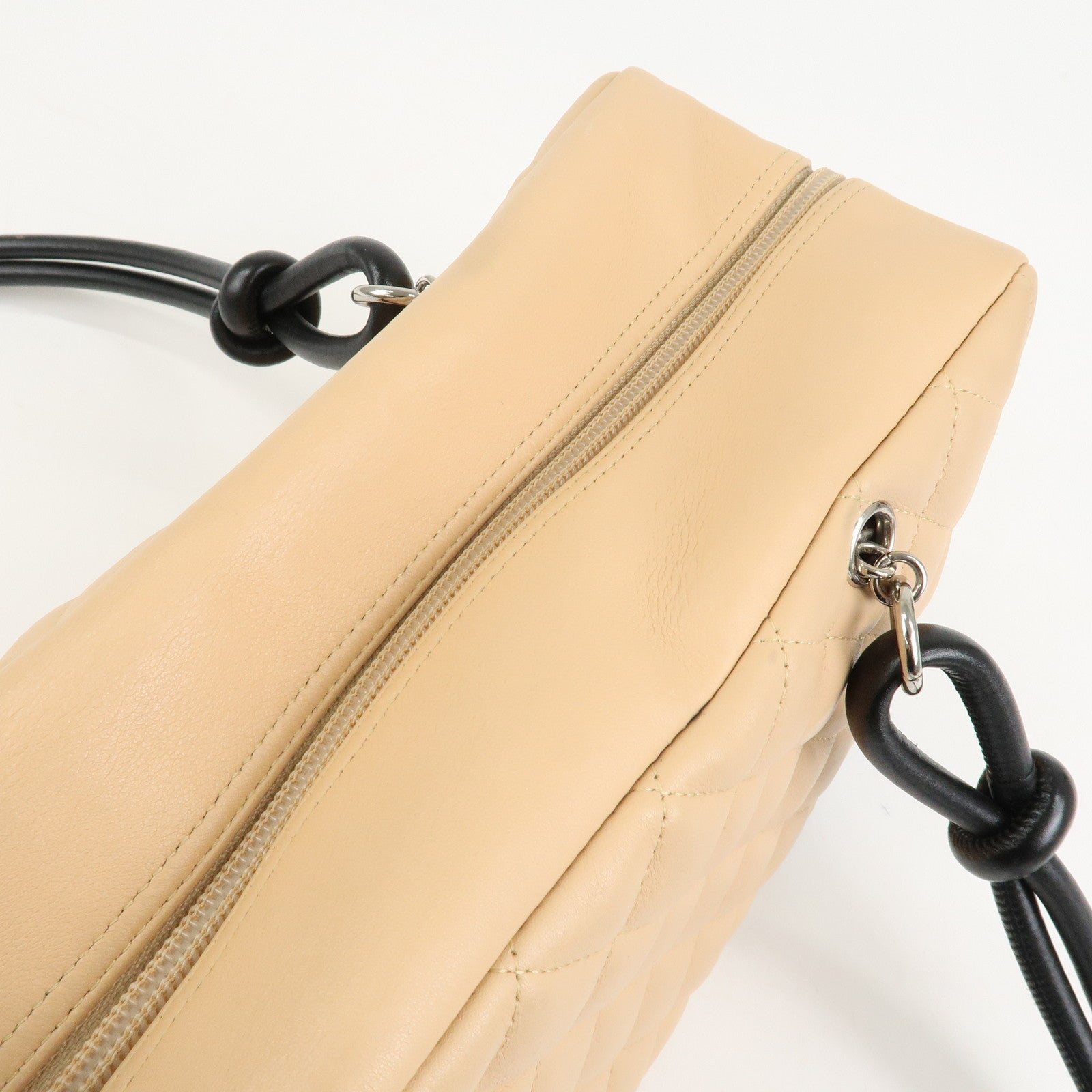 CHANEL Cambon Line Lamb Skin Bowling Bag Hand Bag Beige A25171 Used