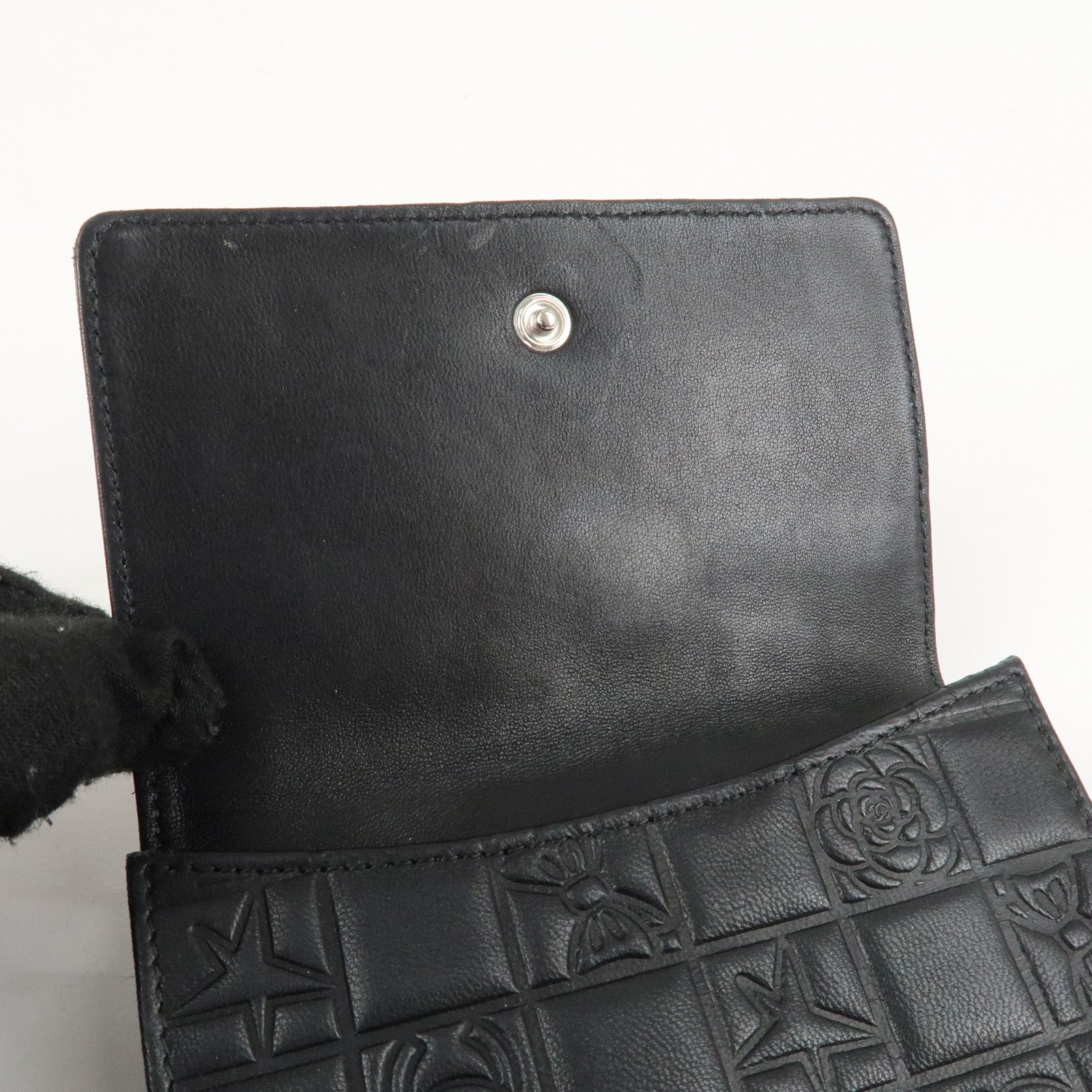CHANEL Icon Line Lamb Skin W Flap Bi-fold Wallet Black A24212 Used